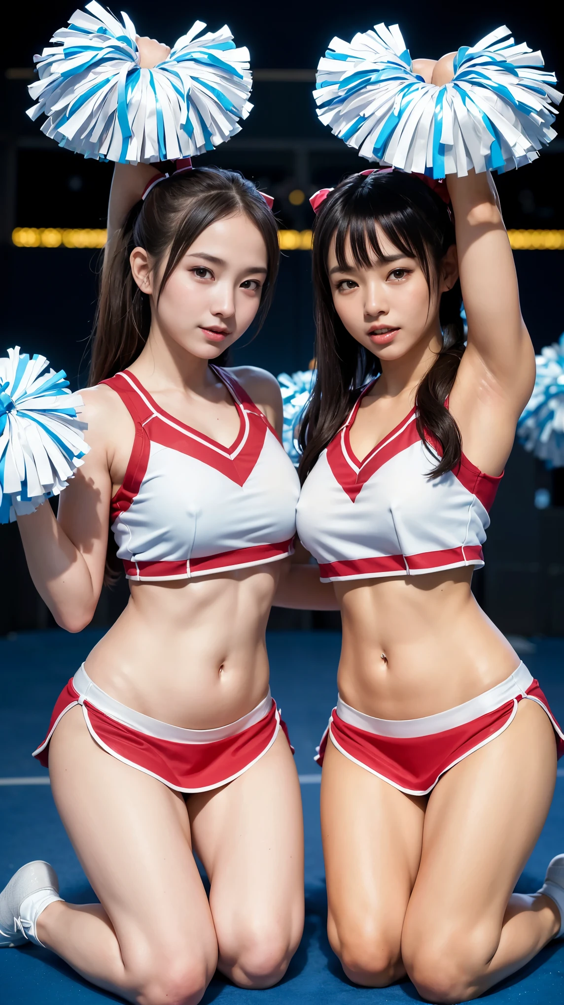 ((two cheerleaders in one frame:1.44))、(Emphasis on the knee:1.1)、(8KRaw photo、highest quality、Masseter muscle part:1.2)、super detailed、super resolution、(realistic、realistic pictures:1.37)、Portrait、High-definition RAW color photo、professional photography、hvery detailed and beautiful、very detailed、8K画像wallpaper、amazingly detailed、huge file size、official art、Hvery detailed CG Unity 8Kwallpaper、hvery detailed beautiful girl、very detailed顔、very detailed目、very detailed肌、very fine fingers、hvery detailed nose、very detailed詳細な口、perfect anatomy、detailed background、18-year-old、10 generations、cute、realistic body、white skin、glowing skin、handsome body、black haired、cute、cute faces、lifelike face、delicate eyes、looking at camera、positive、thick tight、(Hvery detailed white skin)、(big breasts)、shiny、troubled face、excited face、Muchimuchi、(Seen from the front:1.2)、(((All naked、All nude)))(((Open your legs wide and show off your genitals)))、(big ass:1.33)、((I want to see up to my kneecaps))、((gorgeous wavy pigtails:1.13))、smile、(bbw)、((I can see the nipples:1.36))、((squat:1.4))、(Both of us spread our legs wide to the left and right..:1.33)、((two cheerleaders are kneeling))、((sit upright:1.2))