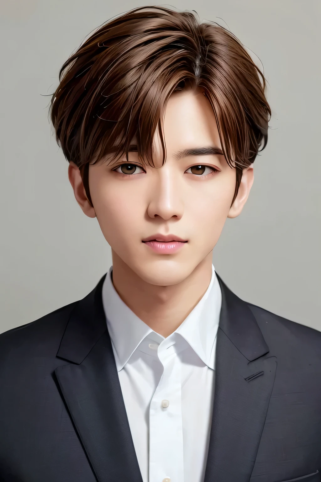 1 person、high quality,masterpiece,8k,、(brown hair)、bouquet、white shirt、 (shot from above)、(head shot)、 、