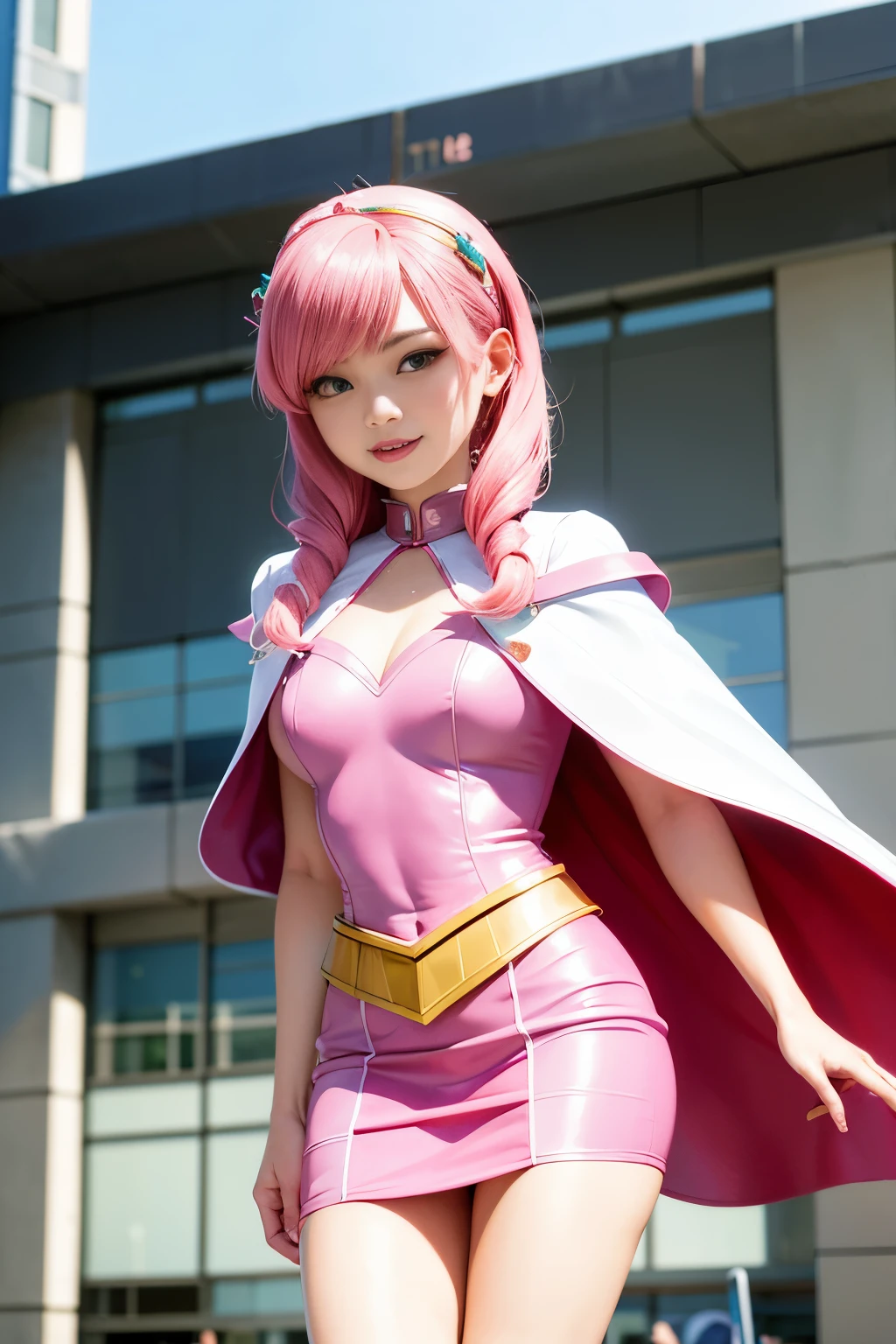 Full body, beatiful eyes, cute face, realistic, 8k, best quality, masterpiece, (1 cute woman, solo: 1.1), very big breasts, long pink hair, pink dress, pink elbow gloves, pink knee high boots, naked shoulders