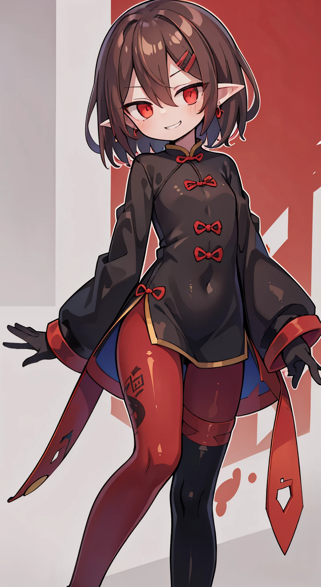 (masterpiece, sidelighting, finely detailed red eyes: 1.2), ((best quality)), ((masterpiece)), (highly detailed:1.3), anime, young girl, childish body, open coat with long sleeves, black tight-fitting bodysuit, (cheongsam), black and red gloves, pale skin, (shadowed eyes, darkened eyes), (smirk, mischevious grin), pointy ears, (short-medium hair, brown hair, messy haircut, hair between eyes, hairclips on left side), ((red stripped tights with black patterns)), (jiangshi shoes), earrings, red tatto on left hand, hands behind back, scar on left hip, solo, 1girl, walking down the street,