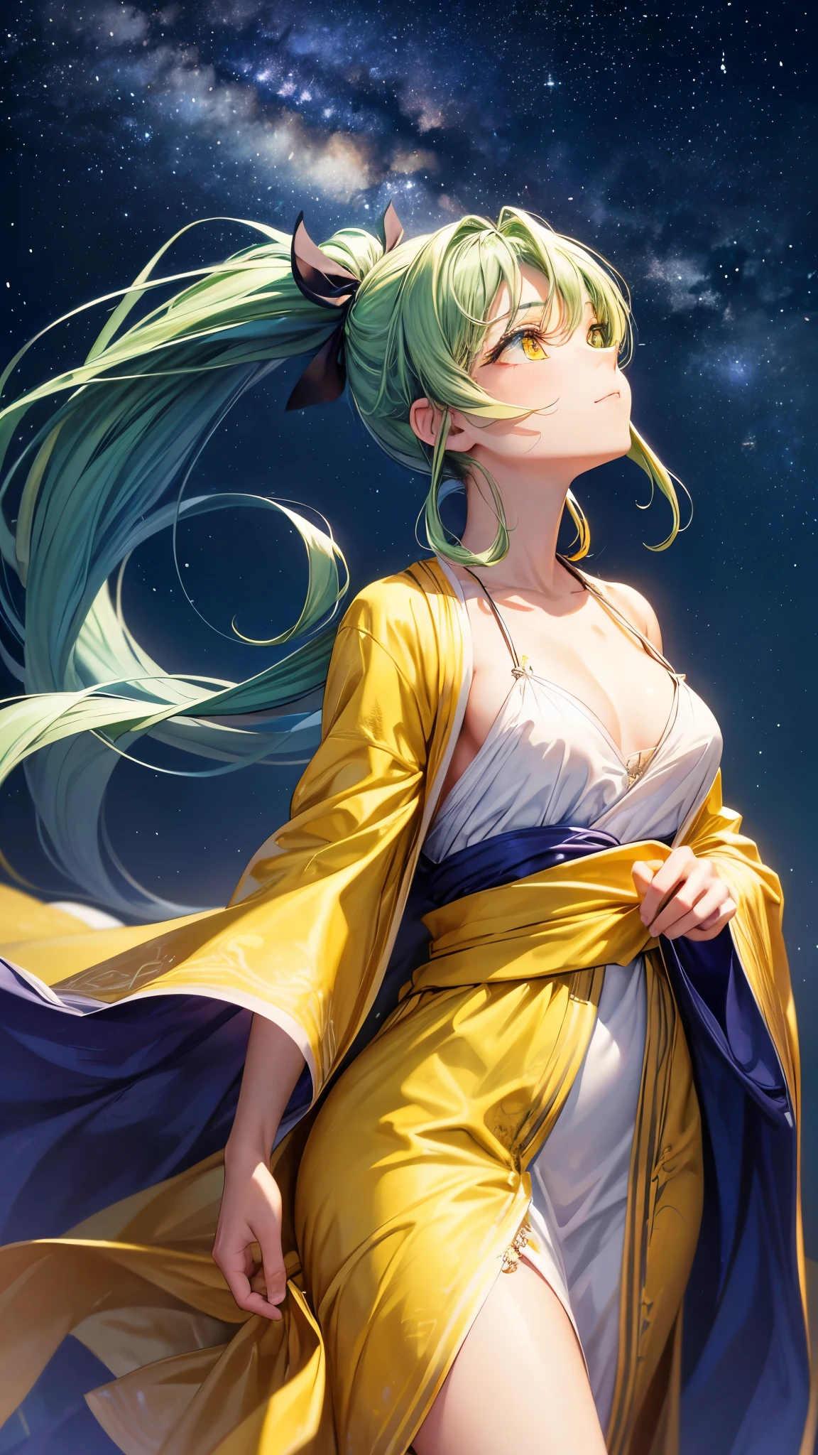 (perfect anatomy, masterpiece:1.2, best quality, 8k, beautiful detailed grow, daydreaming expression), break, panoramic-view ((beautiful night sky starry:1.2 sky and half moon)) in the hill, (solo ponytail green hair long hair cute girl, 14 yo, detailed yellow eyes, in a nighat robe, blushing smile, look up to sky.