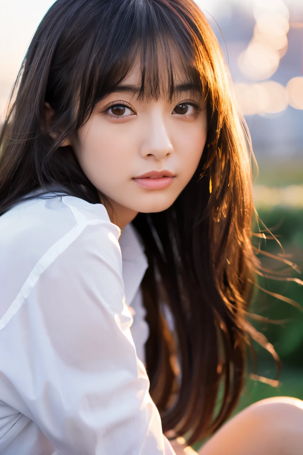 ((RAW photo)), ((masterpiece)), 25 years old、Japanese Girl, intricate details, Complex Greeble's work, Sky Behind,、sitting in a chair、Chic clothes, beautiful, fine eyes and lips