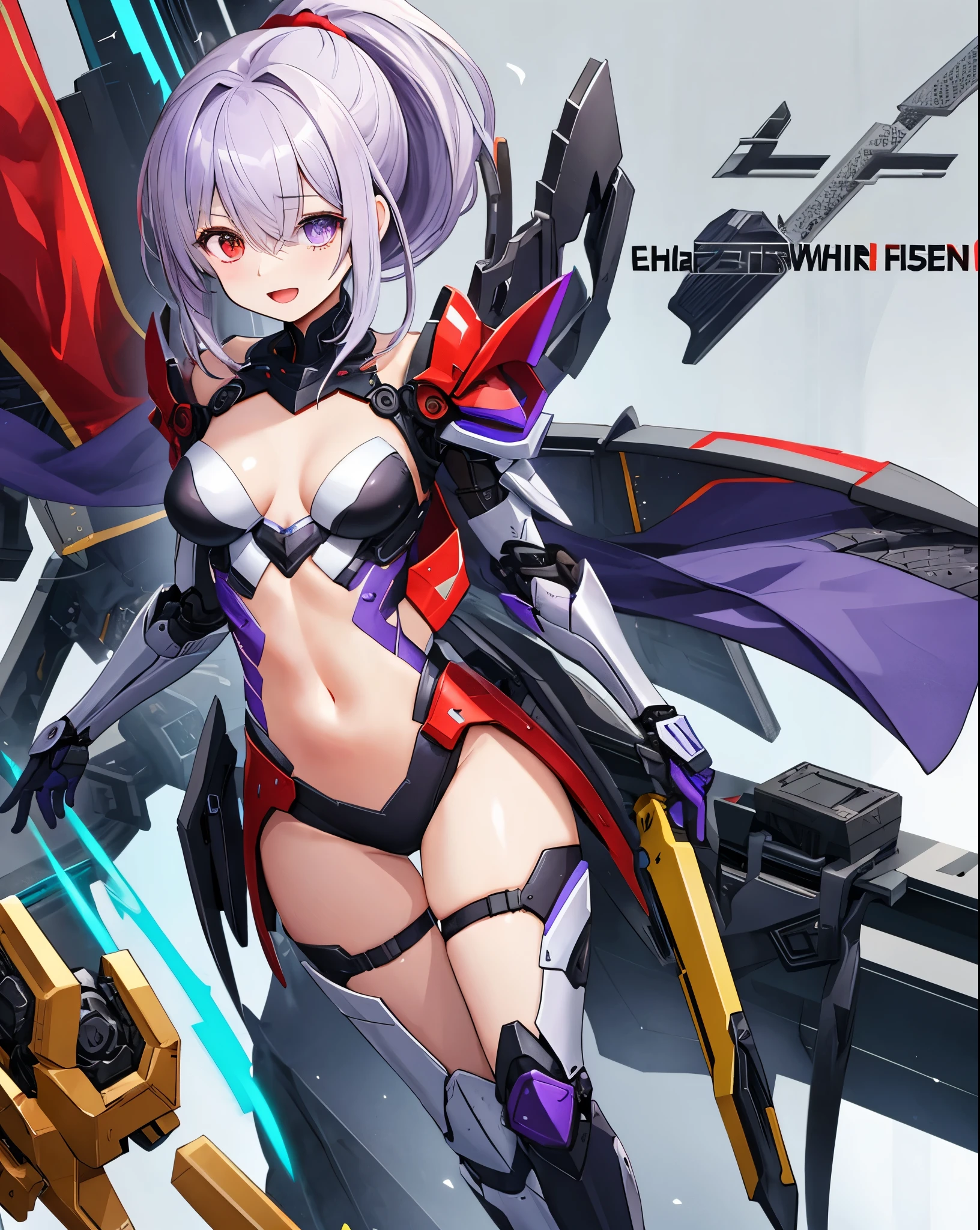 ,1girl,(:1.5), (short_ponytail:1.3), (light_whitish_purple_hair:1.3),black_mechanical_armor_parts,white_breasts_parts_red_black_body_suit,bare_shoulder,bare_slender_thighs,medium_breasts,on_the_desk, desk_background,Stinging_eyes,sleepy,thighhigh_greaves,gauntlets,dynamic_posing,bare_frank,metal_red_parts_armor,red_eye,solo,
fists,hold_weapon,glare,navel,large_mechanical_parts,happy,waist_armor,open_mouth,rise_legs,apart_legs, (covered_navel:1.3),(very_long_bangs:1.3), (hair_over_one_eye:1.5),(long_bang_covers_right_half_of_face:1.5),
(covered_pussy:1.1),covered_breasts,fighting,