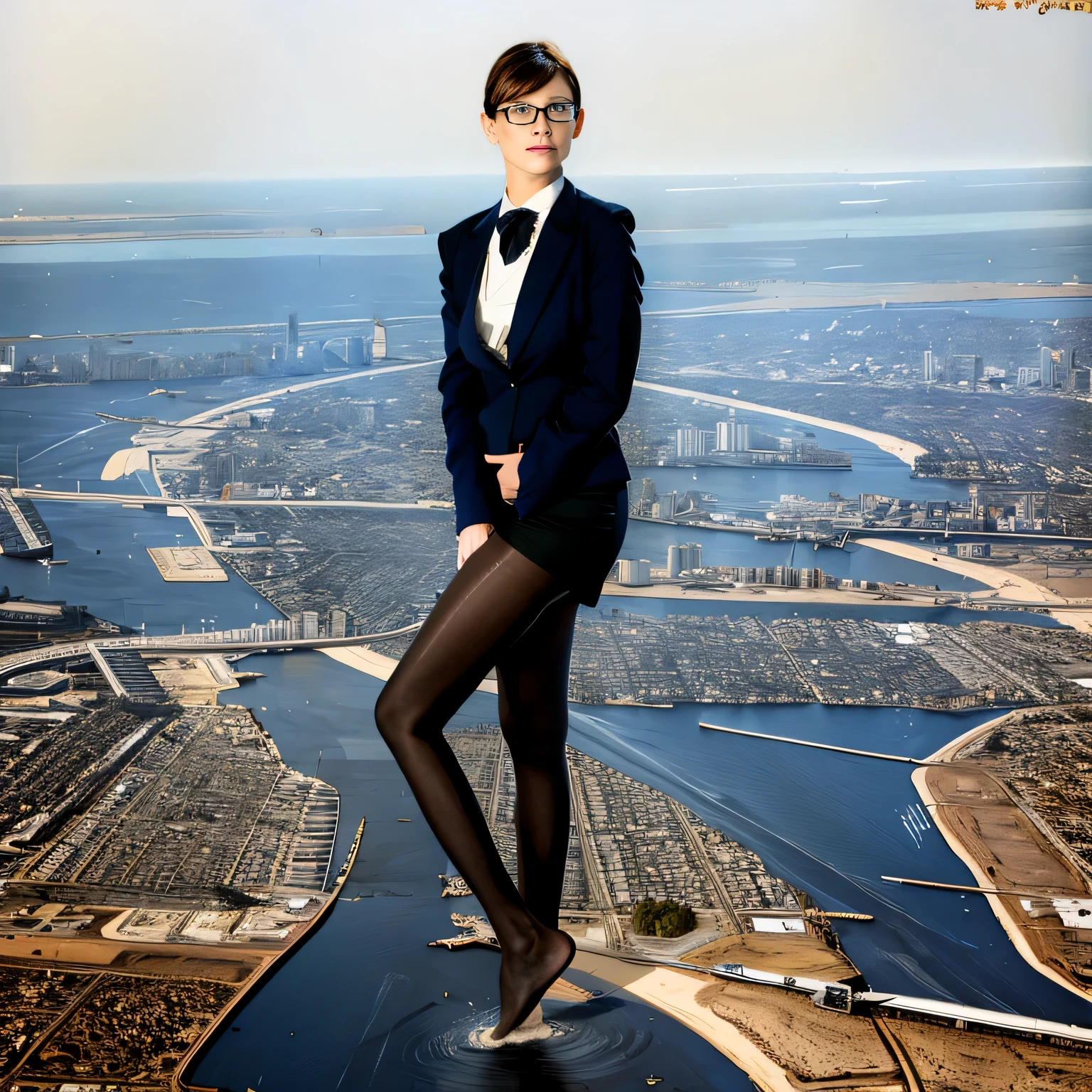 multiple girls, Giantの芸術, 非常に詳細なGiantショット, Giant, short hair, A high school girl who is much bigger than a skyscraper, wearing rimless glasses, big breasts, big ass, navy blue blazer, red tie, mini skirt, black pantyhose, pantyhose barefoot, Steam comes out from the soles of the feet, very small metropolis, miniature metropolis, crush the big city, full body description, ＧＴＳ, ギガGiant, stomping city, crash city, small town, micro city, High resolution, highest quality, masterpiece, myself peeing