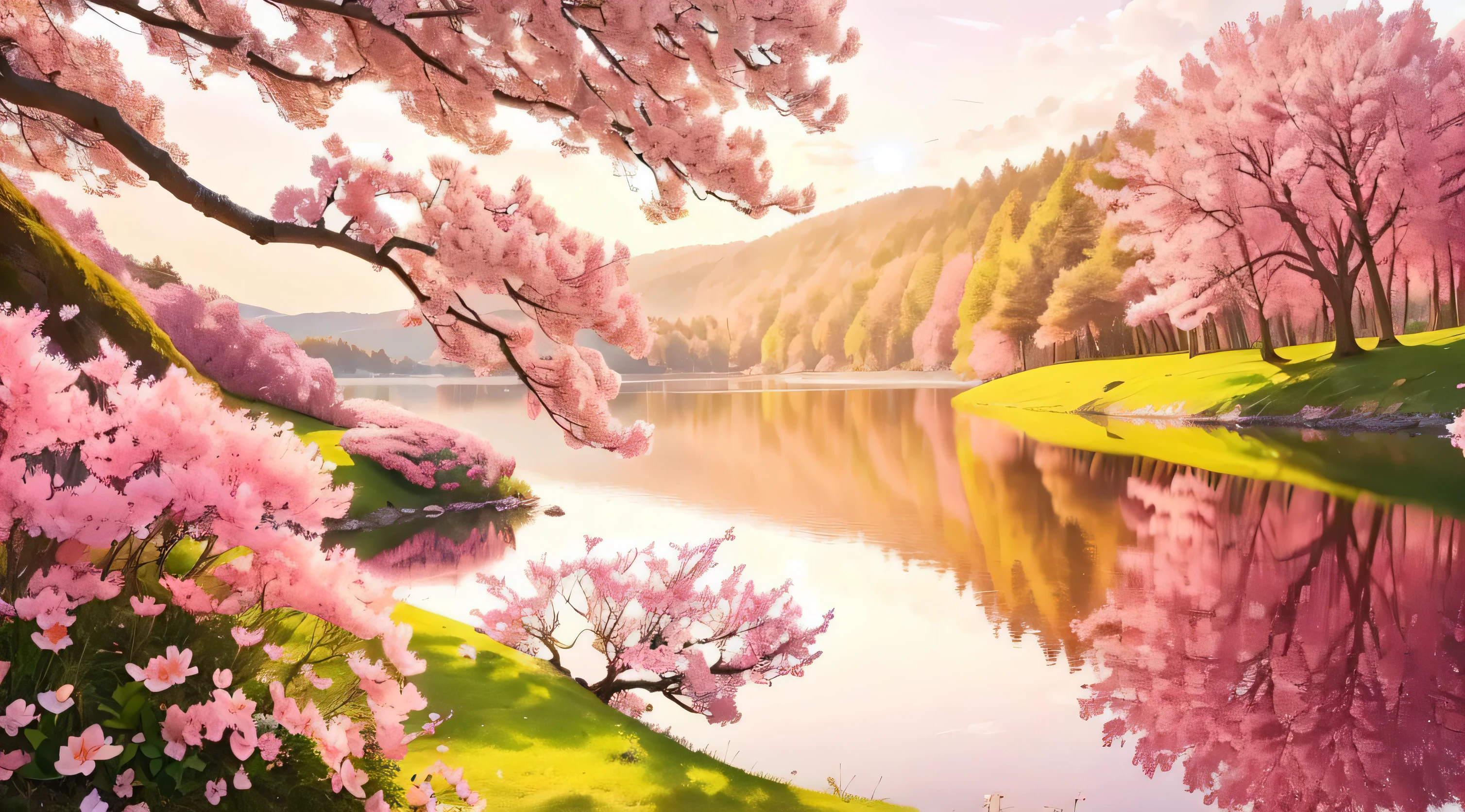 a beautiful pink flowered tree is in the foreground of a lake, pink tree beside a large lake, nature scenery, beatiful backgrounds, very beautiful scenery, peaceful landscape, very very very beautiful scenery, really beautiful nature, stunning nature in background, nature in all its beauty, very very beautiful scenery, spring early morning, scenic colorful environment, at sunrise in springtime
