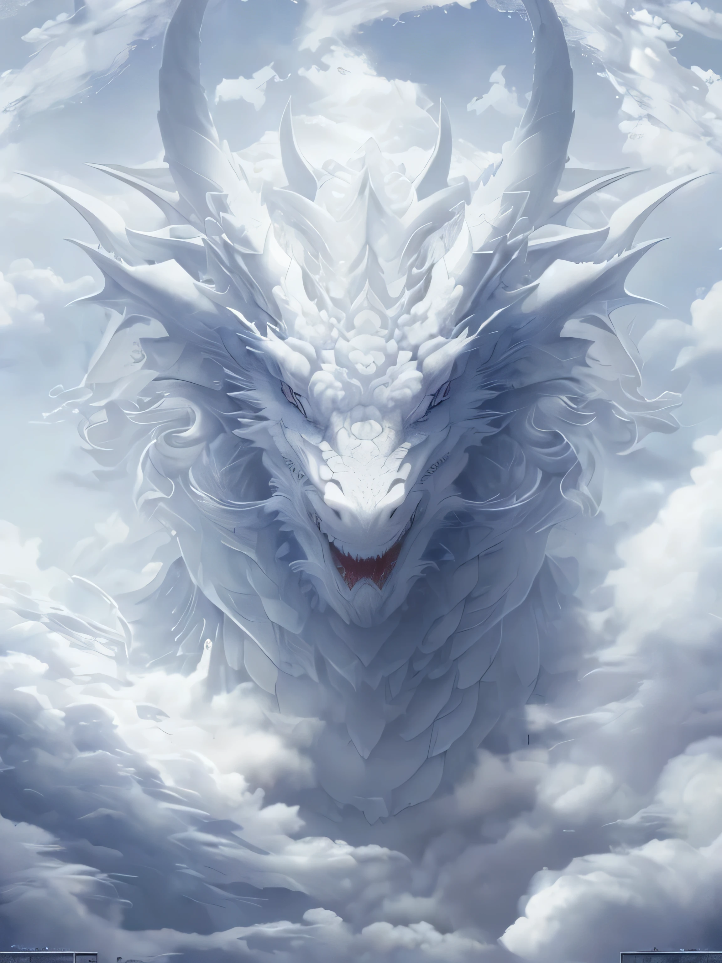 Close-up of Big-headed Dragon in the Cloud, a dragon made of clouds, dragon shaped cloud, Soft and delicate dragon nature, frost dragon, dragon god, Dragon in the sky, dragon portrait, dragon art, dragon portrait, epic dragon, scarred dragon, Storm Dragon, Dragon-centered, legendary dragon