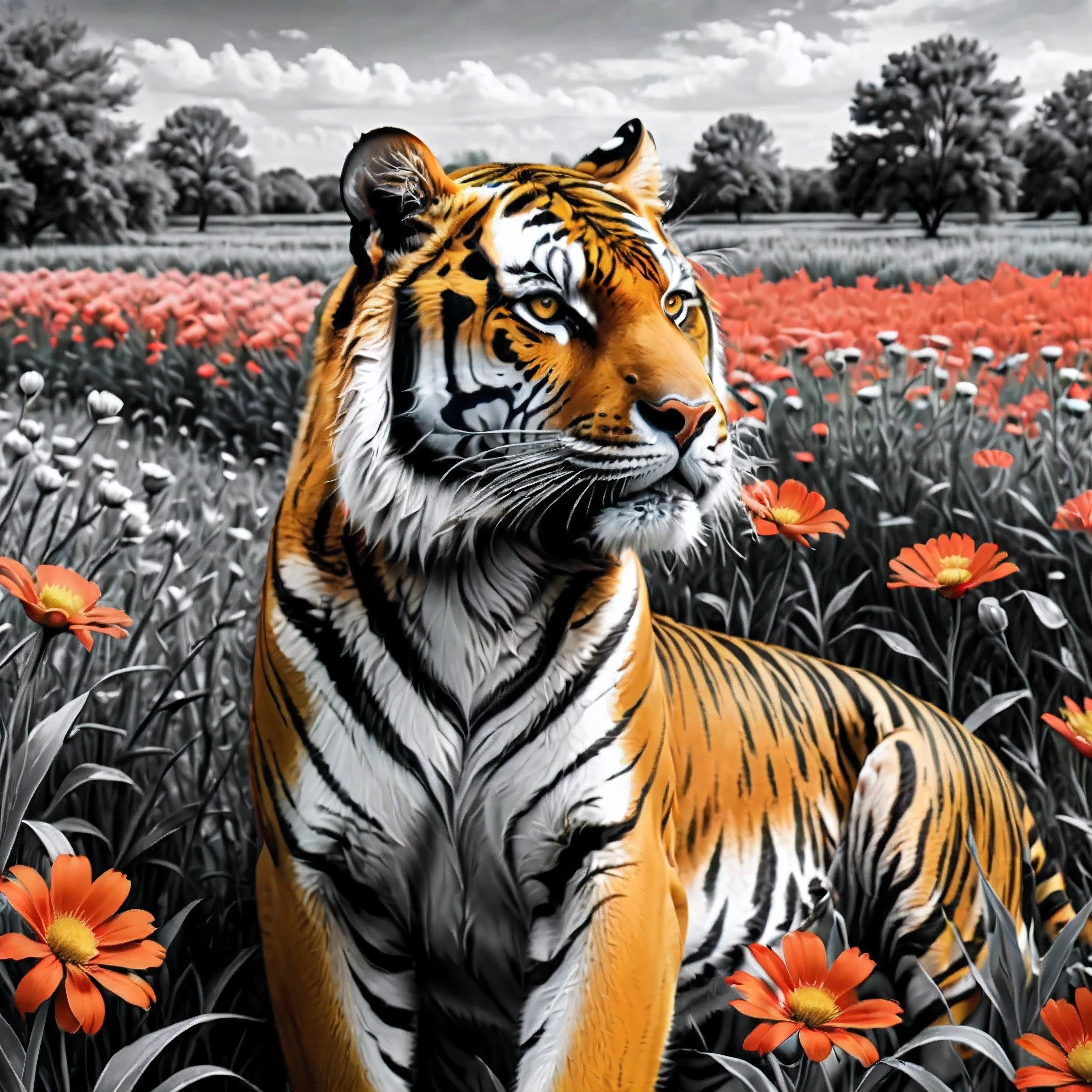 ((Selective color)), Drawing of Majestic Tiger in flower field, smooth lines, fine art piece, Express expressions and postures through ink contrast, emphasize light, shadow and space. figurative art, (best quality, 4K, 8k, high resolution,masterpiece:1.2) ,(actual, photoactual, photo-actual:1.37). 