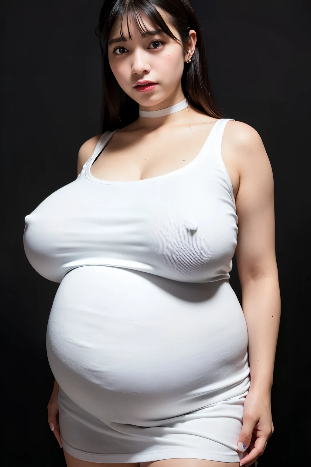 best quality, ultra high res, (photorealistic:1.4), 1girl, 18 year, teen, off-shoulder white shirt, black tight skirt, black choker, (faded ash gray hair:1), (huge breasts:1.2), ((huge pregnant), heavily pregnant, overdue pregnant), looking at viewer, closeup ,