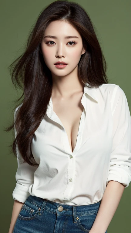 （realistic， high resolution：1.3）， 1 girl with the perfect body， Very detailed face and eyes，long hair， white fashion shirt：1.2， short jeans， big breasts，dark green background