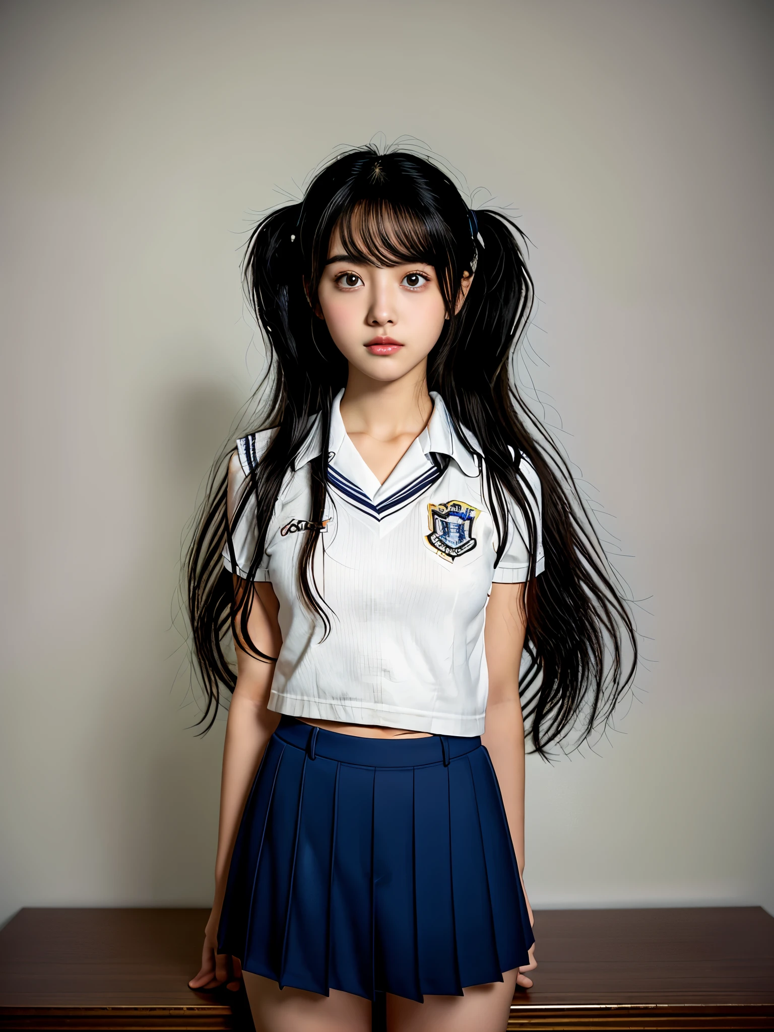 1girl****** , big breast , gradient eyes, pale black hair, long hair , afro twin tail, drill hair , hair over one eye, sideburns , happy, embarrassed , , from below, school uniform , navy  vest , slouch socks, school bag, extremely quality extremely detailed, illustration, contrapposto, cute anime face cinematic lighting cinematic angle