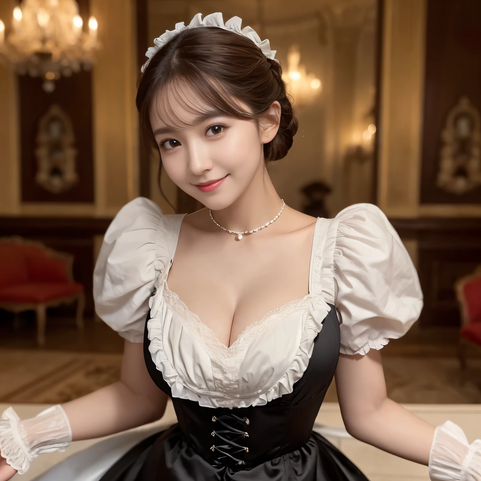 (highest quality、table top、8k、best image quality、Award-winning work)、one beautiful woman、radiant beautiful skin、gorgeous victorian maid dress、Maid uniform with apron、Maid clothes with frills、Huge black and white maid dress、Maid outfit with luxurious long skirt、Shining ultra-high definition skin、(accurate anatomy:1.1)、A gentle smile looking at me、(photo from the waist up:1.1)、cleavage、(standing elegantly:1.1)、(Blurred background of classic mansion:1.2)、portrait photography、(Very moody and romantic warm lighting:1.1)、光を受けてradiant beautiful skin、(the most detailed and perfect face:1.1)、(most detailed glowing eyes:1.1)、(beautiful and moisturized skin:1.1)、smile looking at me