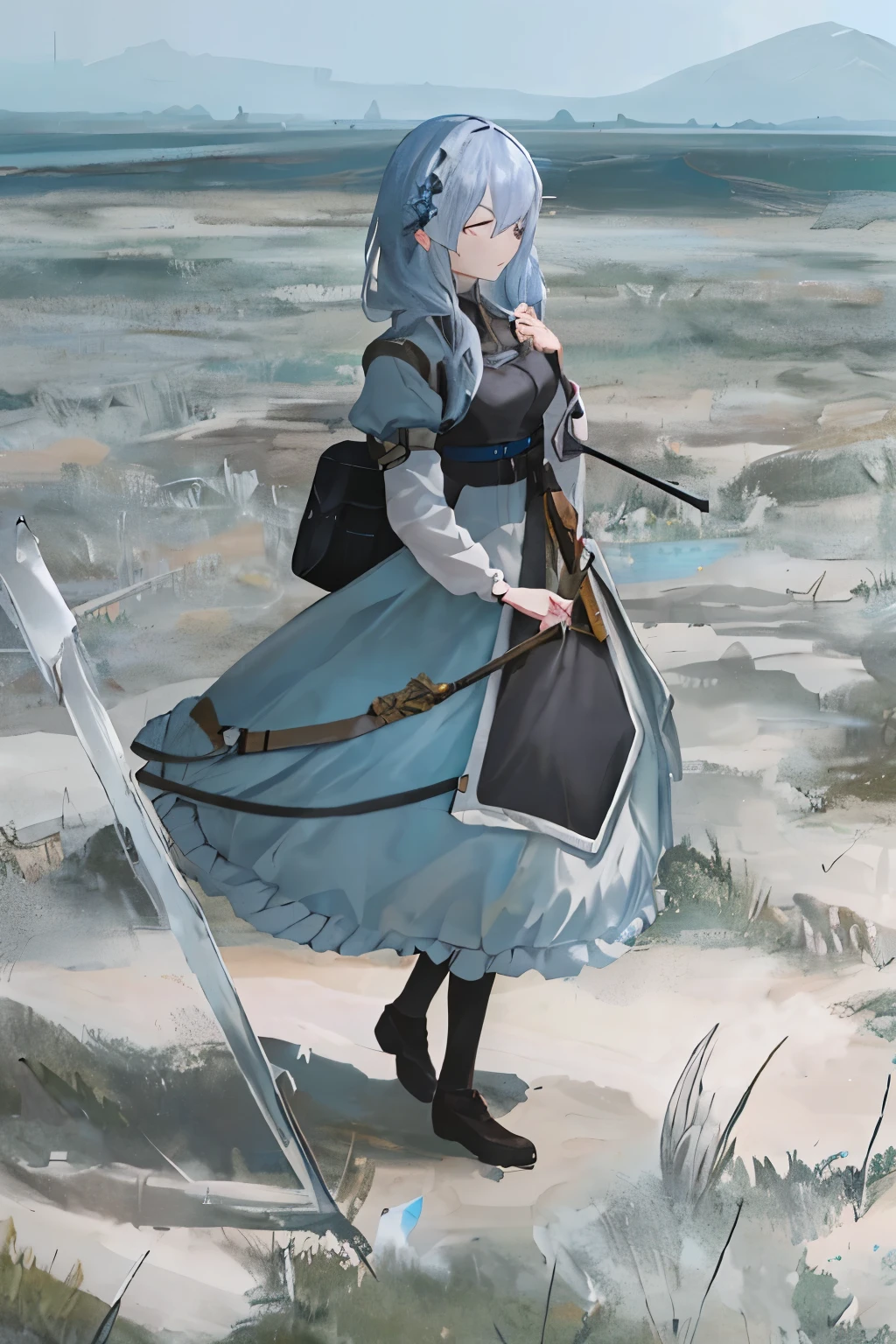 In the heart of a breathtaking landscape, a Girl with long, flowing, beautiful hair unintentionally finds herself standing near a hidden landmine field. Dressed in a delicate, floral dress that billows gently in the soft breeze, she hesitates, taking in her surroundings.
As she gazes off into the distance, her examining gaze inadvertently strays towards the land scattered with mines. Cautiously looking away, she tries to keep her mouth shut, her face flushing deeply with embarrassment at her proximity to such a dangerous situation.
Despite the inherent danger, she remains frozen, transfixed by the surreal beauty of the surrounding land. The fields of vibr