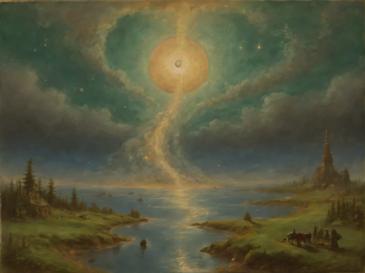 Oil painting on canvas with Optical illusions and effects of visual deception, (outer space with a distant horizon flows down as a dark puddle onto the green grassy landscape of an unknown planet), (Spatial gap in the vertical plane:1.8), (the spiral of space-time twists into a point:1.5), space snails crawl below and look up, interstellar fish fly higher and look down, the train flies towards the viewer from beyond the horizon from the point of compression of space-time, complete psychosis, surrealism, abstraction, Psychedelics, Optical illusions, optical effects in the picture, Mixing styles, (Hidden meanings: 1,4255), oil on canvas, (Ivan Aivazovsky:1.415), Yves Tanguy, Giorgio de Chirico, Salvador Dali, Paul Delvaux, (Rob Gonsalves:1.3155), Means Varo Urangi