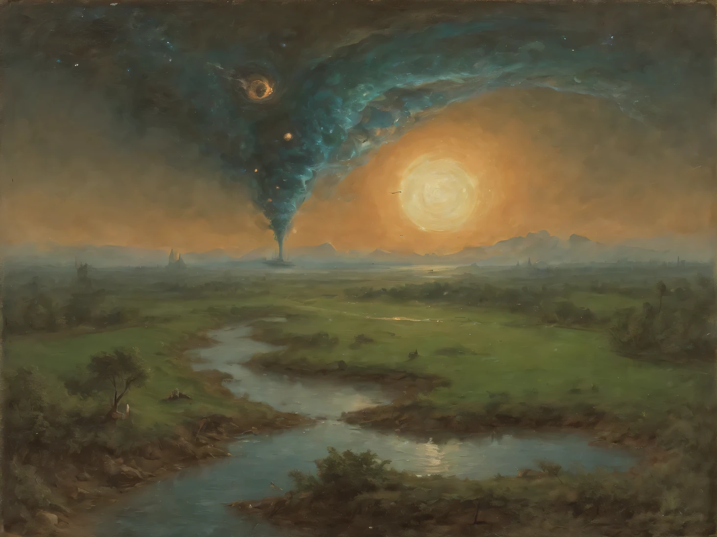 Oil painting on canvas with Optical illusions and effects of visual deception, (outer space with a distant horizon flows down as a dark puddle onto the green grassy landscape of an unknown planet), (Spatial gap in the vertical plane:1.8), (the spiral of space-time twists into a point:1.5), space snails crawl below and look up, interstellar fish fly higher and look down, the train flies towards the viewer from beyond the horizon from the point of compression of space-time, complete psychosis, surrealism, abstraction, Psychedelics, Optical illusions, optical effects in the picture, Mixing styles, (Hidden meanings: 1,4255), oil on canvas, (Ivan Aivazovsky:1.415), Yves Tanguy, Giorgio de Chirico, Salvador Dali, Paul Delvaux, (Rob Gonsalves:1.3155), Means Varo Urangi
