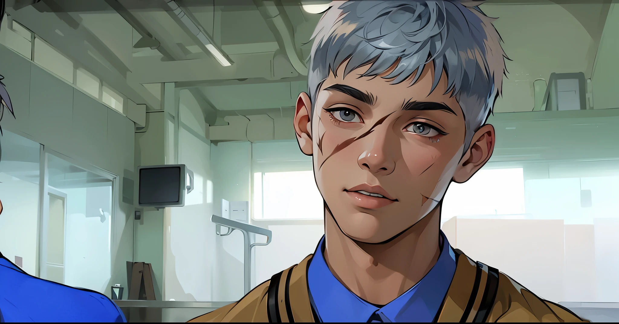 There is a young 18-year-old man with a wound, scars on his face, silver hair, silver eyes, listening to someone speak, being distrustful.