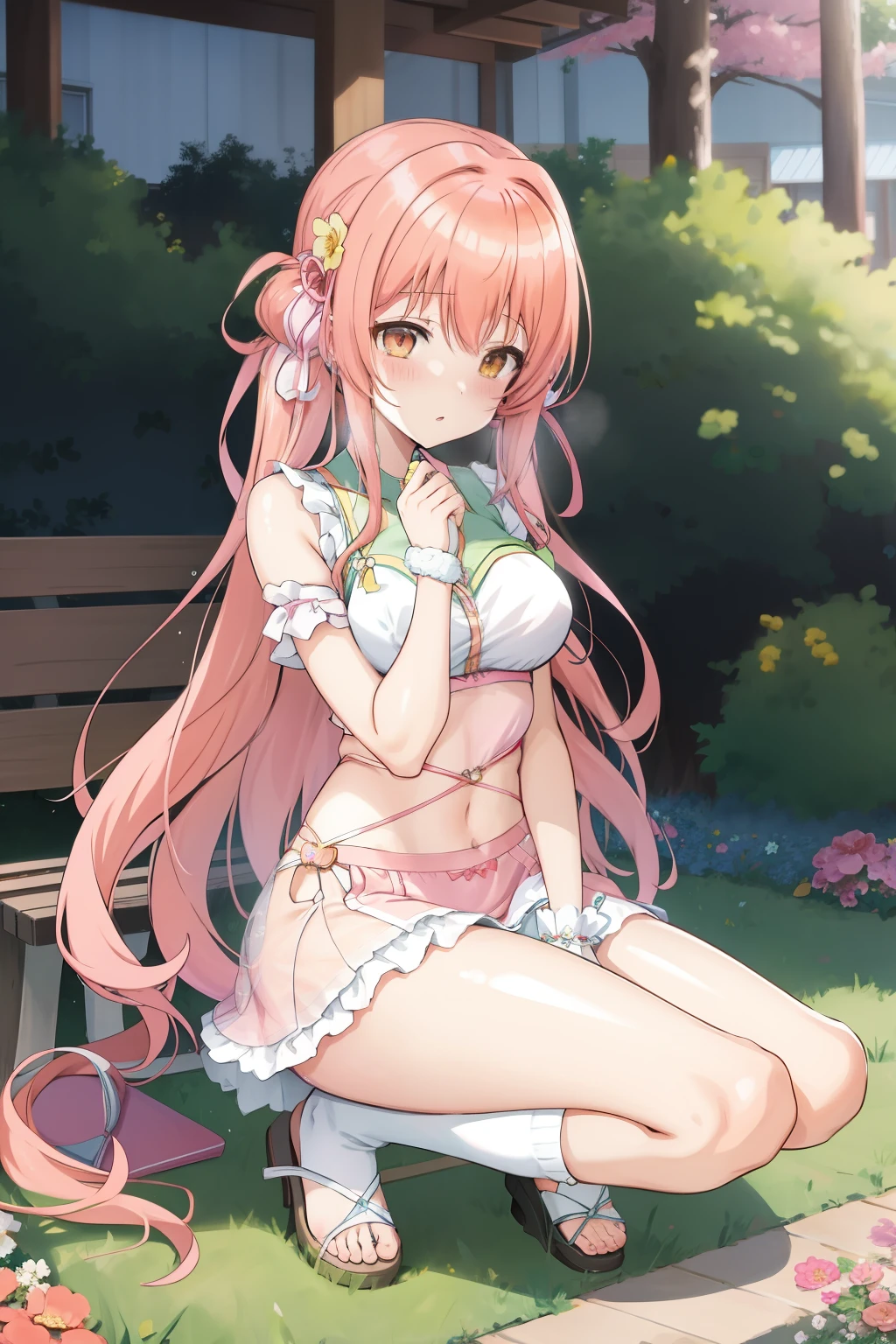 sit on bench，Anime girl with pink flowers on the background, seductive anime girl, Beautiful anime girl squatting, (SFW) Work, sick. High, hints of Haruya Yayoi, Highest rated on pixiv, Haruya Yayoi, Smooth anime CG art, Sayori, on pixiv，Transparent underwear，Put your hands on，legs apart，lie down，Transparent underwear