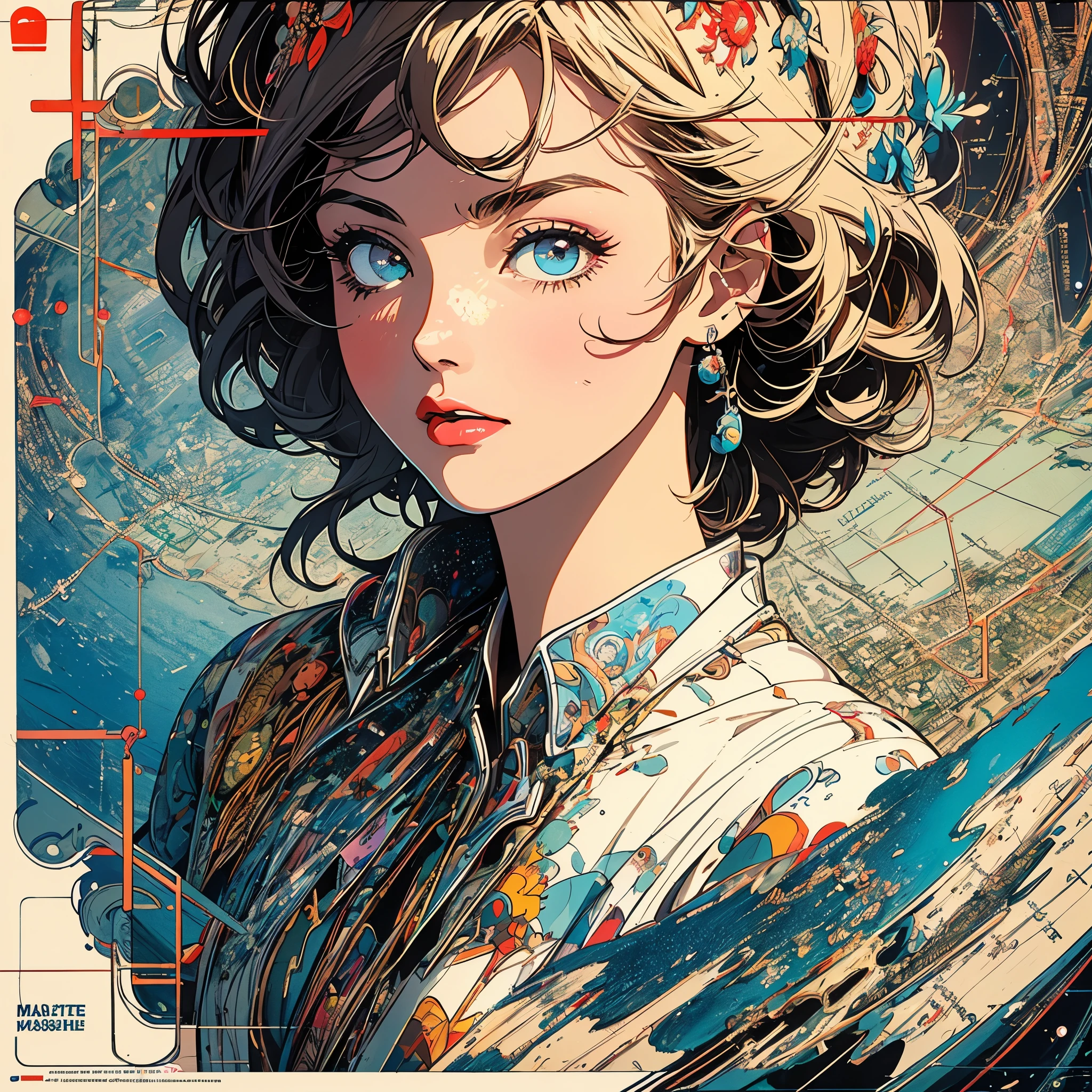 (masterpiece, highest quality), 32k,(A very detailed beautiful woman), poster,science fiction,1960s,1970s,bauhaus, shape, OK, abstract, propaganda,movie poster, vintage,retro,futuristic,anime,(ultimate map),highlight,Highly detailed iridescent eyes,