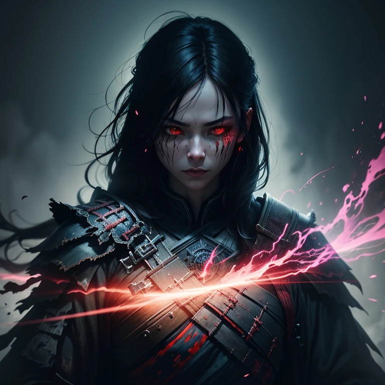 Digital watercolor stunning_scary_undead_samurai_warrior_silhouette :: dark_forest :: medieval :: dark_scene :: dark_scenery :: blood :: surrounded by glowing luminescent particles :: Fantasyscape sunset, by CC, Waterhouse, Carne Griffiths, Minjae Lee, Ana Paula Hoppe, Stylized watercolor art, Intricate, Complex contrast, HDR, Sharp, soft Cinematic Volumetric lighting, beautifully shot, hyperrealistic, wide long shot, perfect masterpiece