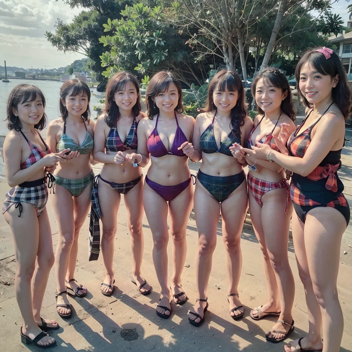 （Highest image quality、highest quality、highest resolution、masterpiece、detailed、real photos、Portrait）、5 beautiful mature women aged 56、looking at the camera、full body shot、shot at low angle、（Long curly blonde hair or long straight light brown hair:1.5）、flashy and beautiful makeup、(Colorful micro bikini or plaid high-leg swimsuit:1.5)、(lean body:1.5)、(:1.5)、Everyone is having fun, holding hands and laughing.、All five are cute、everyone has beautiful feet、wear sandals、The sky is cloudy、Many shells and hermit crabs are scattered all over the beautiful sandy coastline.
