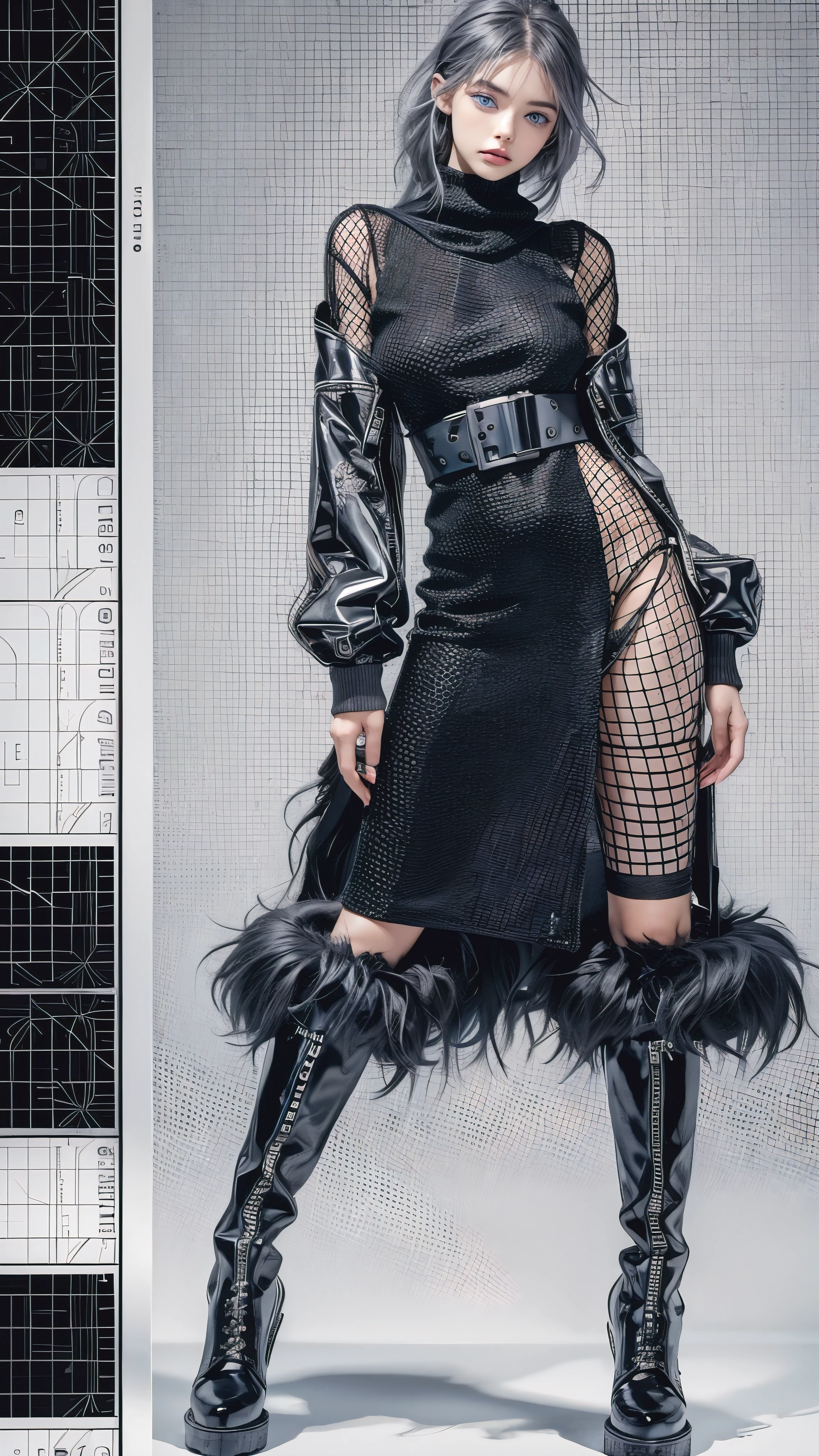 fashion brand collection, (fashion catalogue, grid design, catalogue design, multiple wear:1.6), highly detailed, beautiful, masterpiece, best quality, Geometric style, abstract beauty,1 girl, (all body shot, standing and posing:1.3), dynamic pose, approaching perfection, digital painting, artstation, (concept art:1.3), illustration, white and black colors, Geometric patterns, abstract forms, Complex, surreal, Artistic complicated background, BREAK latex, Glossy, Liquid, rubber, BREAK (casual fashion and Cyber taste fashion), (black theme:1.4), baggy and baggy wear, baggy Waist line and baggy sleeve, baggy knit A-line dress, Scattered geometry, (long length muffler), BREAK (Socks with zettai ryouiki), boots taste Sneaker,(gray hair, blue eyes:1.4),