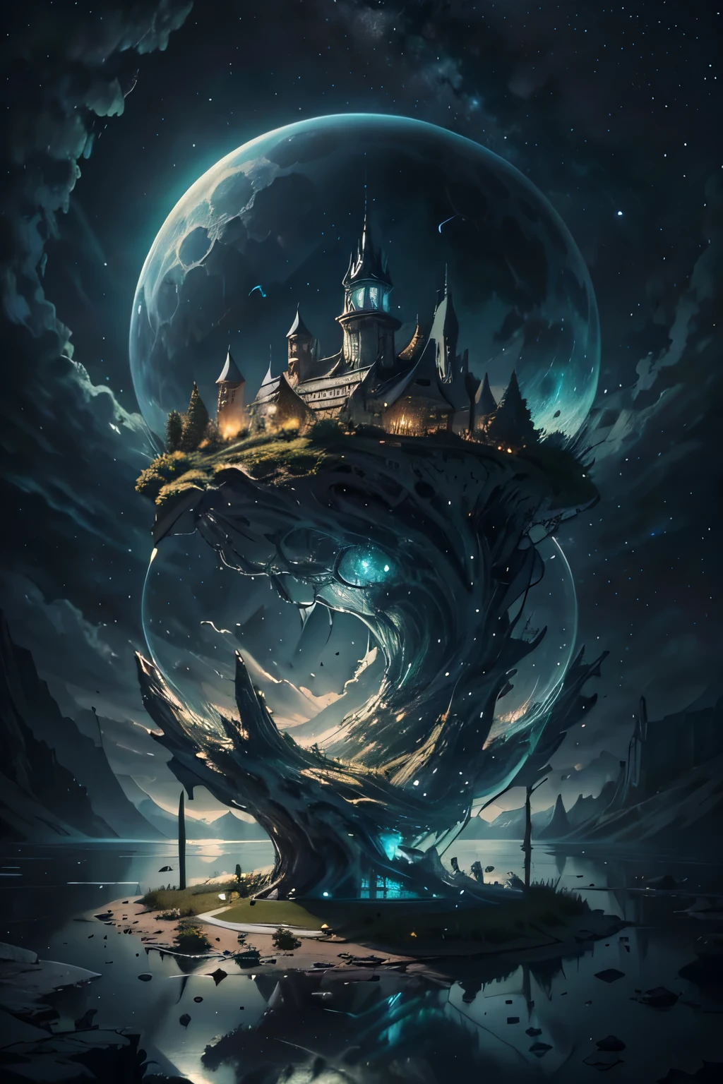 a colossal bottle which contained a majectic lake , very high quality and Very detailed scene , Octane render, Starry Sky , Dreams , Giant green Moon , Vaut of heaven , Inspiration, Imagination