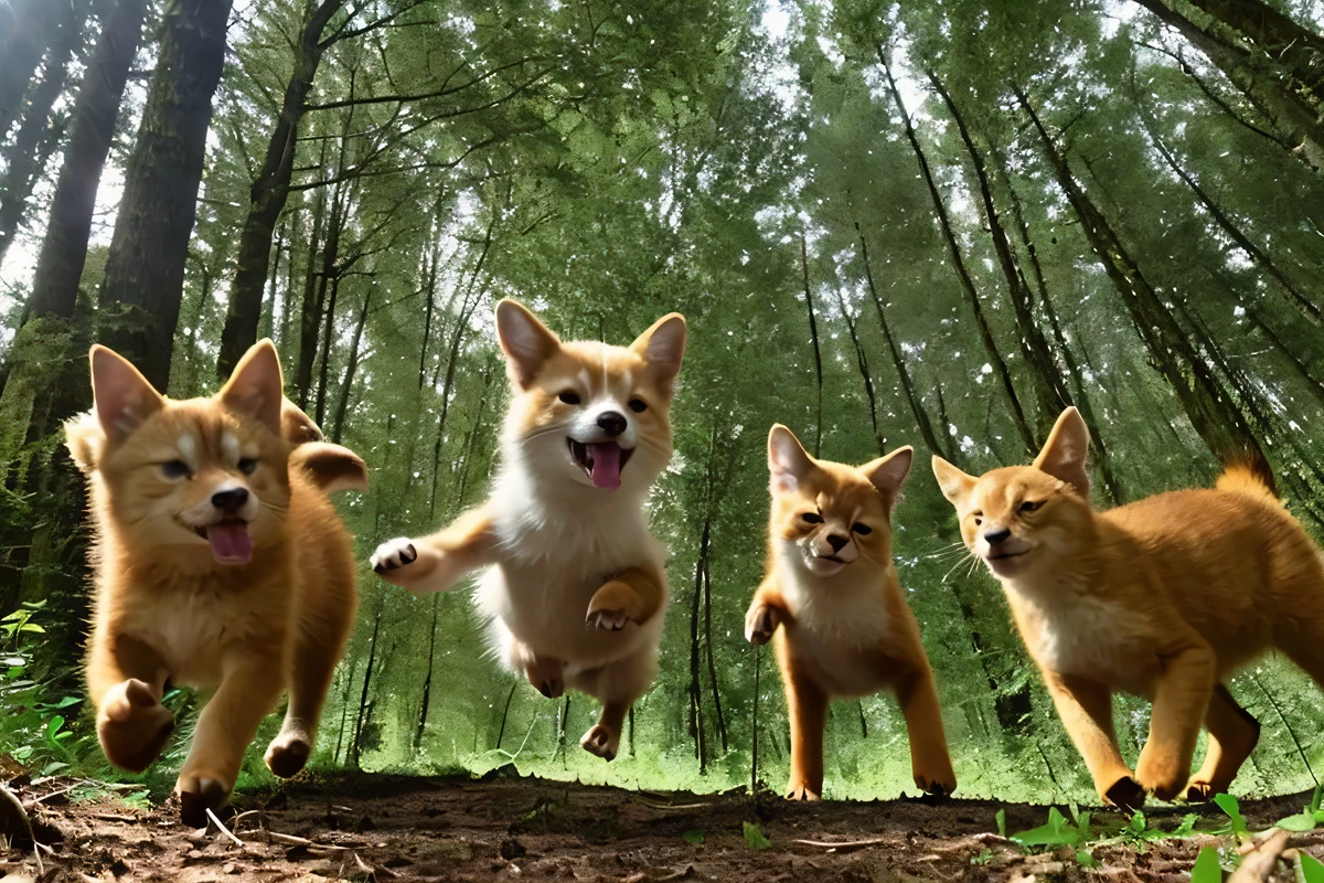 in the forest。animals are dancing。