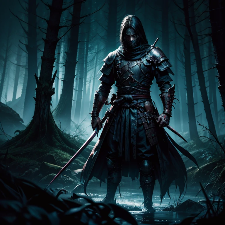 Digital watercolor stunning_scary_undead_samurai_warrior_silhouette :: dark_forest :: medieval :: dark_scene :: dark_scenery :: blood :: surrounded by glowing luminescent particles :: Fantasyscape sunset, by CC, Waterhouse, Carne Griffiths, Minjae Lee, Ana Paula Hoppe, Stylized watercolor art, Intricate, Complex contrast, HDR, Sharp, soft Cinematic Volumetric lighting, beautifully shot, hyperrealistic, wide long shot, perfect masterpiece