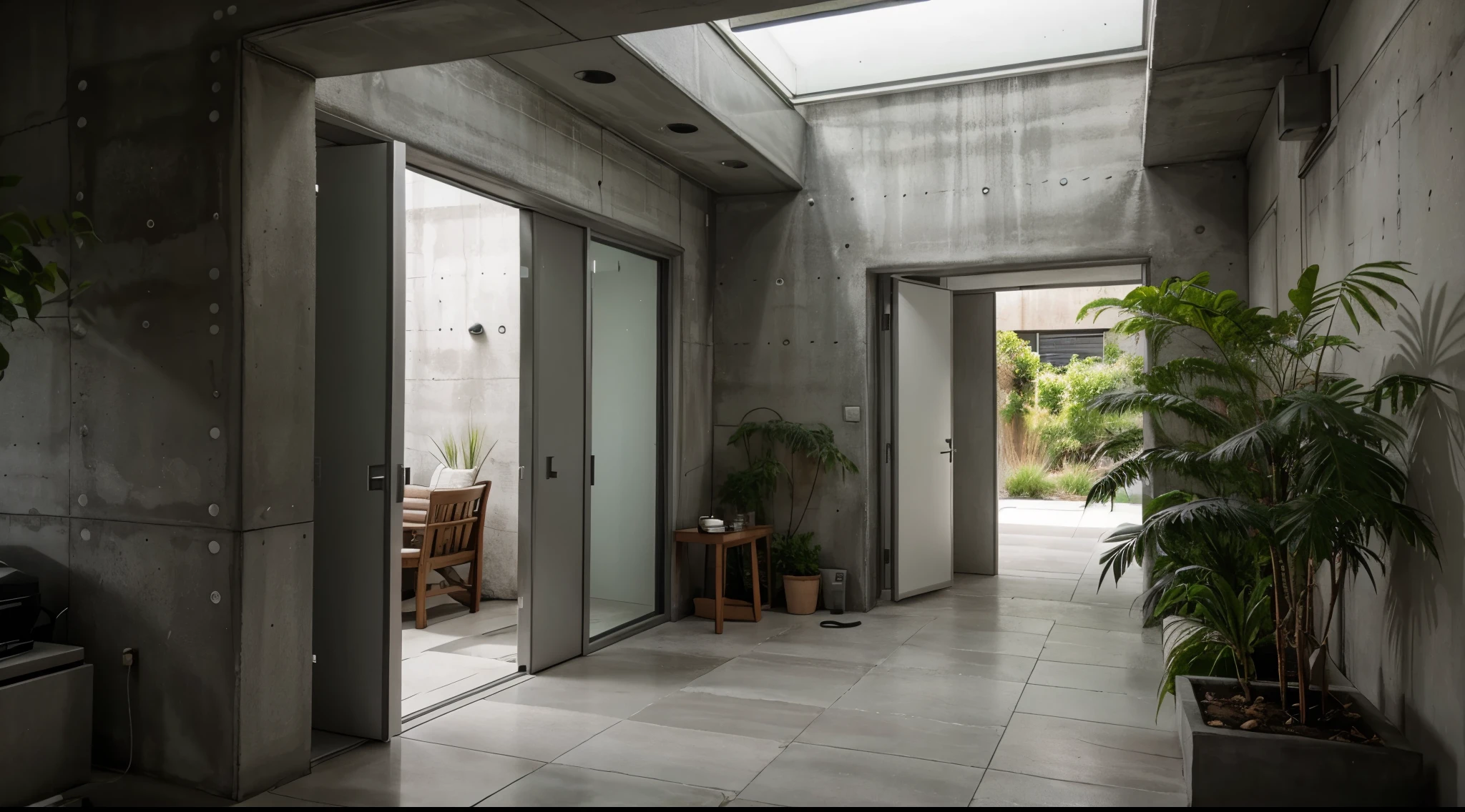 ecobrutalism indoors, grey cement, greenery