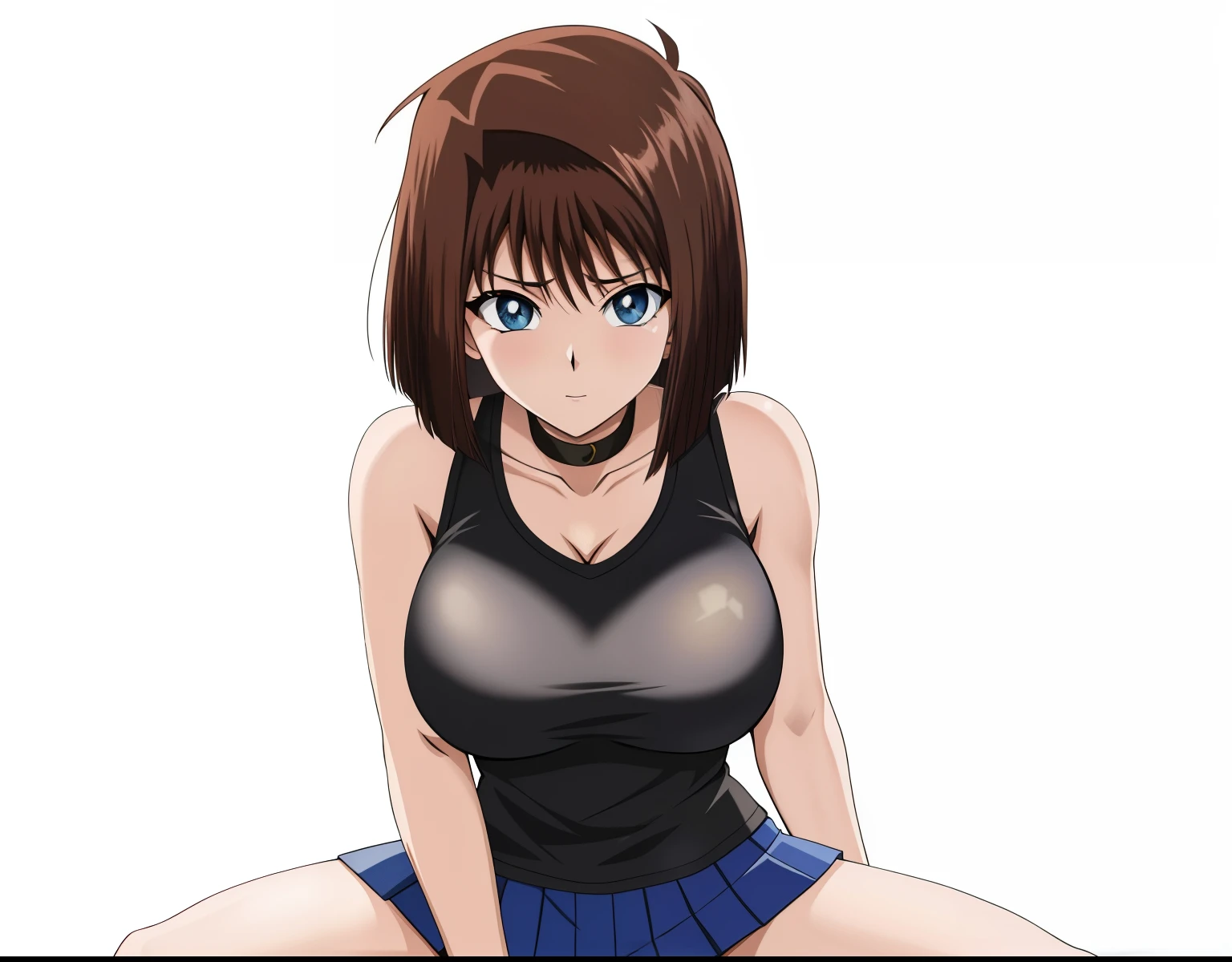 Anime brown-haired woman sitting cross-legged on the floor, blue eyed woman, bob cut, anime styleキャラクター, clothing:black tank top, Woman in tight skirt, anime styleで, big breasts, had big breasts, anime style, high school girl, adult sex appeal, anime style, muscular woman, in anime style, feminine and muscular, bare arms, bare shoulders,