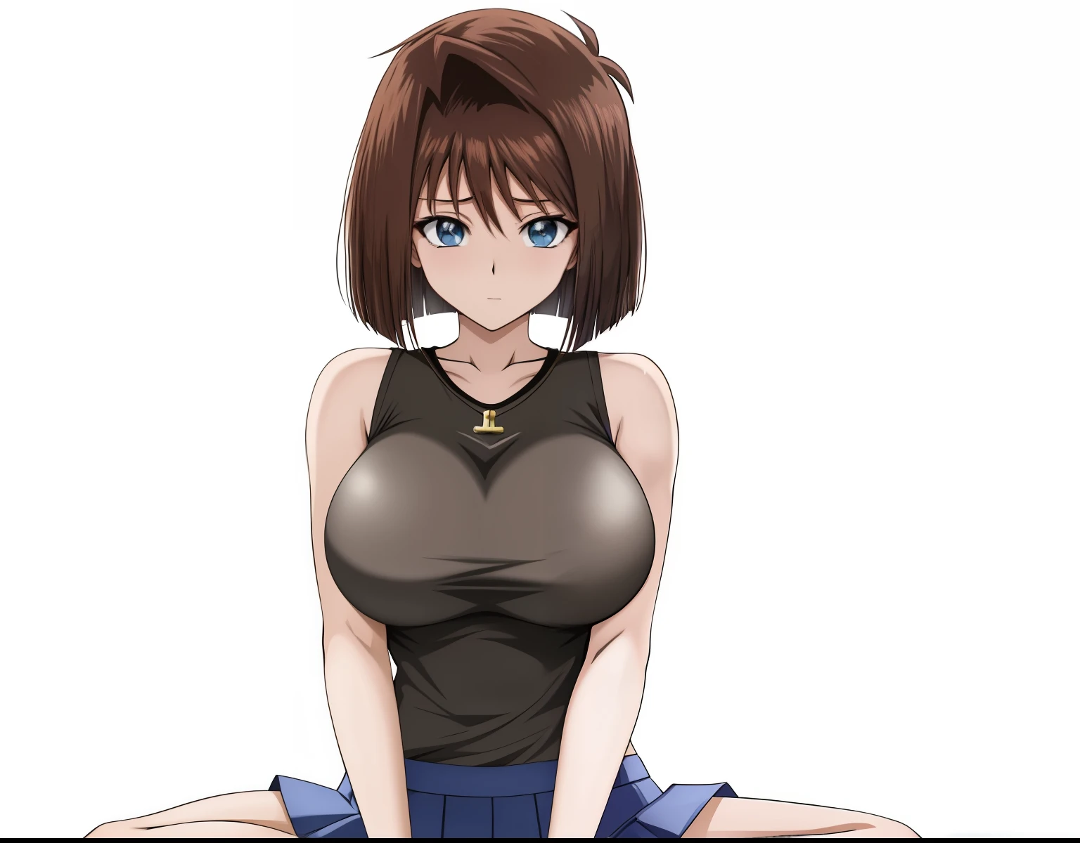 Anime brown-haired woman sitting cross-legged on the floor, blue eyed woman, bob cut, anime styleキャラクター, clothing:black tank top, Woman in tight skirt, anime styleで, big breasts, had big breasts, anime style, high school girl, adult sex appeal, anime style, muscular woman, in anime style, feminine and muscular, bare arms, bare shoulders,