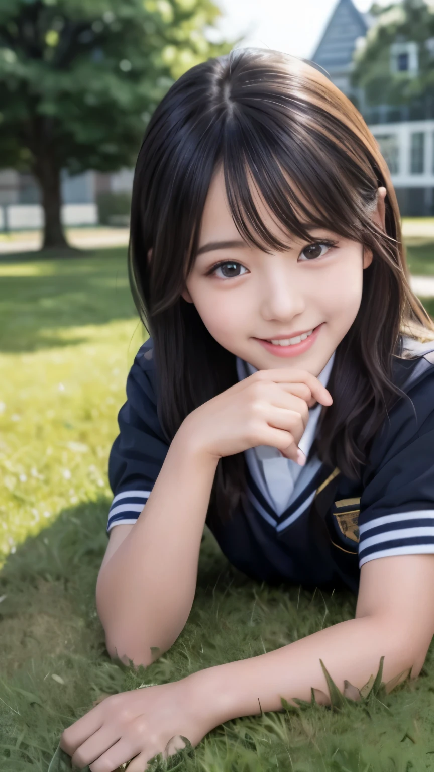 ((Full body shot))、realistic,photorealistic,super detailed,perfect shading,shiny skin,big eyes、long eyelashes、Neat and clean hairstyle、smile、open your mouth、school life,school uniform,girl,軽いsmile,schoolyard、lie face down on the grass、With a cheek cane、black knee high socks