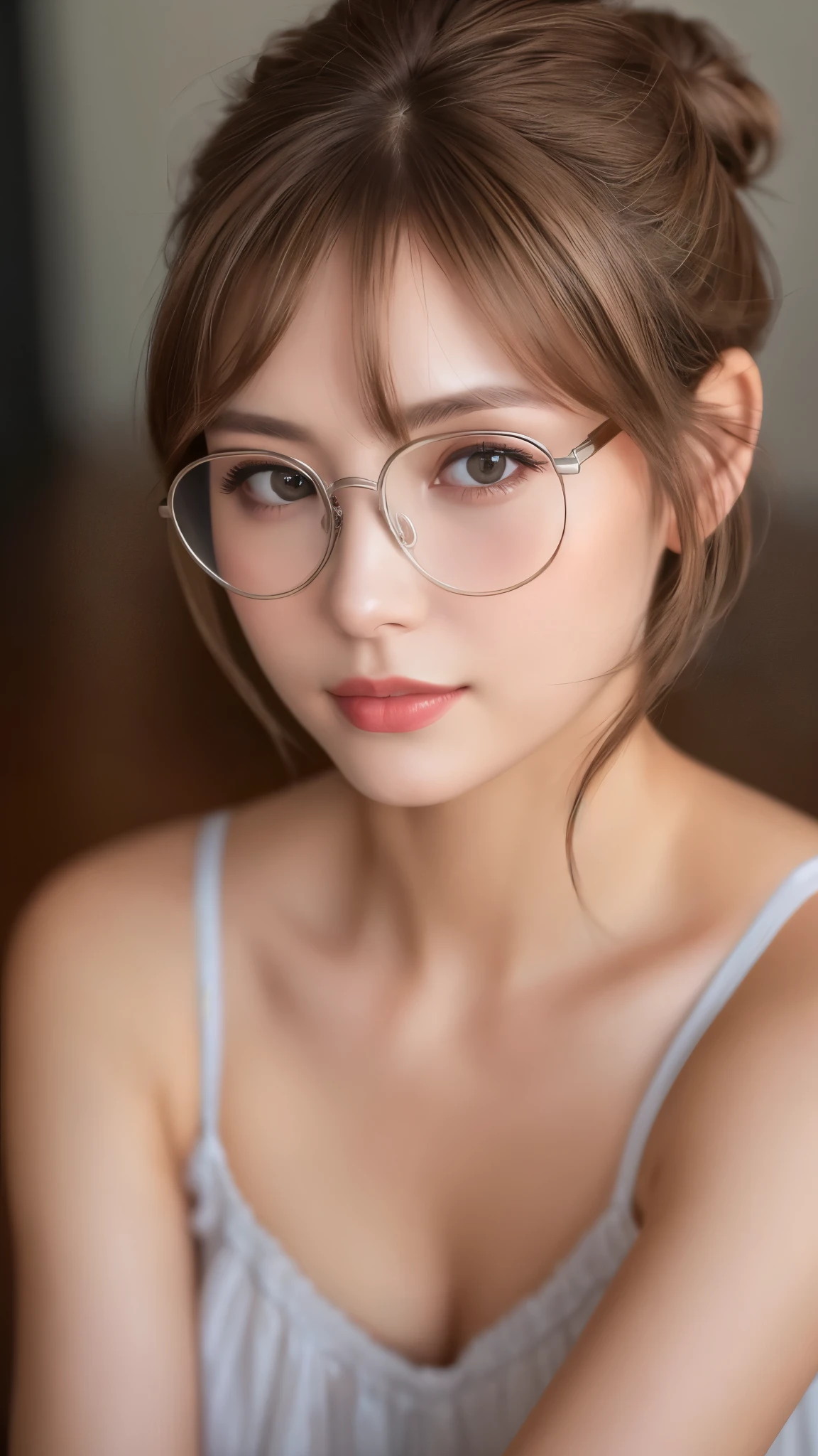 1girl, silver rim glasses, light brown hair, hair bun, best quality, 35mm lens, f/1.8, perfect skin, realistic, (adult face:1.2), 8k, award-winning photograph,gorgeous, (portrait:0.6), Cinematic, ultra high res,
