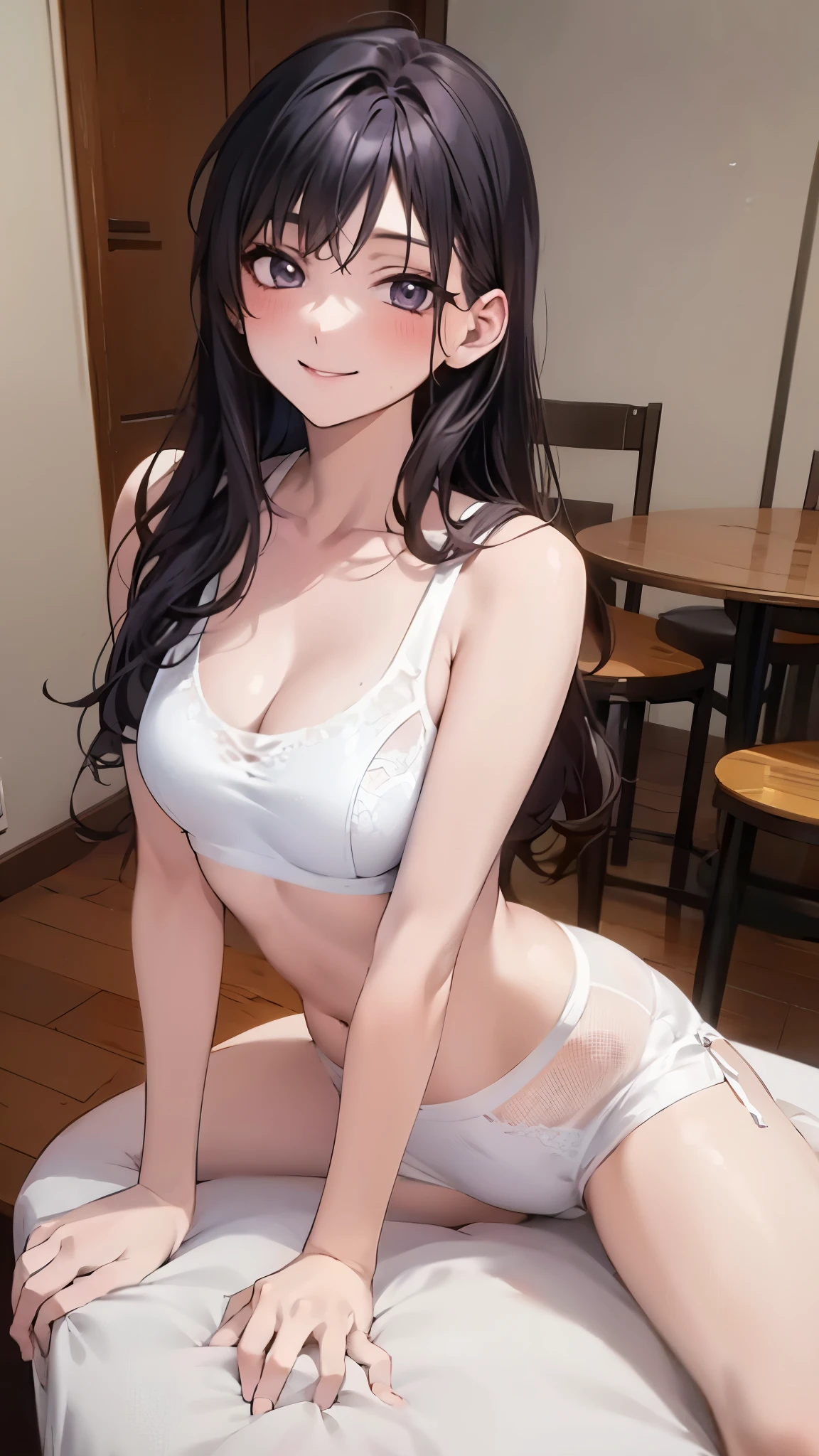 Anime girl in white underwear posing on the bed in the room, seductive anime girl, Beautiful charming anime , attractive anime girl, beautiful attractive anime woman, Beautiful anime girl squatting, Real young gravure idol, smooth white tight clothing suit, a teasing smile, attractive pose, sitting on her bed, sexy pose, gorgeous figure, revealing clothes