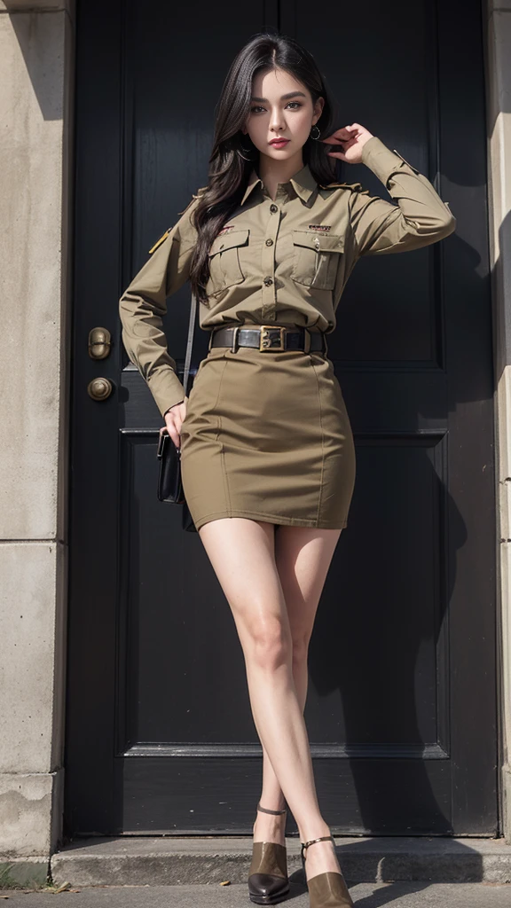 Beautiful, long hair, wearing a dark khaki outfit, ((dark khaki short-sleeved shirt)), ((dark khaki short pencil skirt)), ((decorated military rank insignia)), ((high-heeled shoes) black) ) , (Small waist, large breasts, slender thighs), (Dark red profile appearance, beautiful makeup), (Dynamic poses, firm figure), T-shirt, (( (has a dark khaki belt))), ((same color set)), (Khaki belt in There is a gold belt buckle.), (university backdrop)