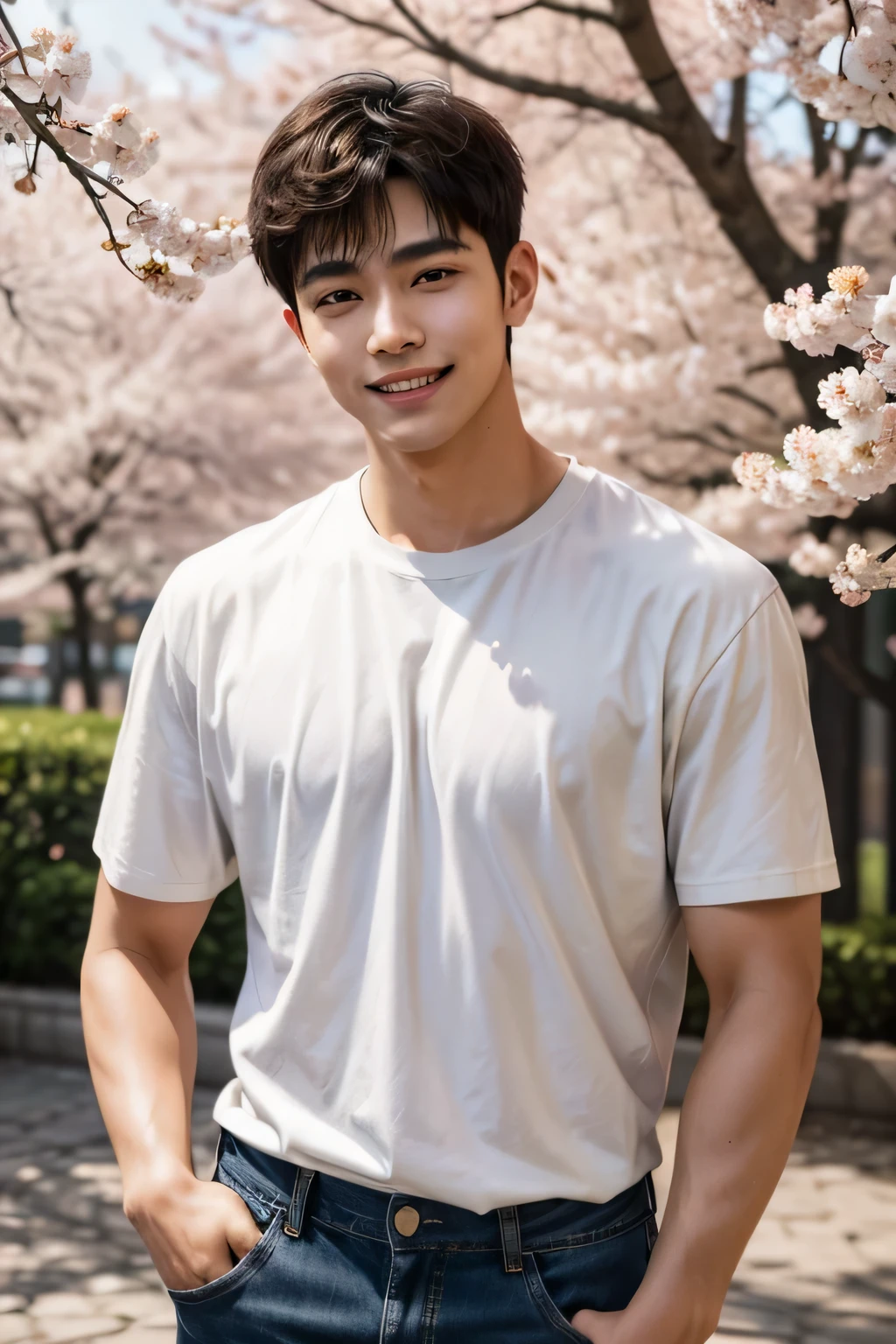 realistic, absurderes, hires, ultra detailed, masterpiece, best quality, 1boy, handsome, brown short hair, perfect eyes, perfect face, perfect expression, dimples, bright smile, perfect teeth, warm and happy, wearing white t-shirt and jeans, sakura petals on him, standing at centre, half body, facing at camera, frontal view, warm sun is shining, sakura trees behind him in symmetrical balance, dof, bokeh
