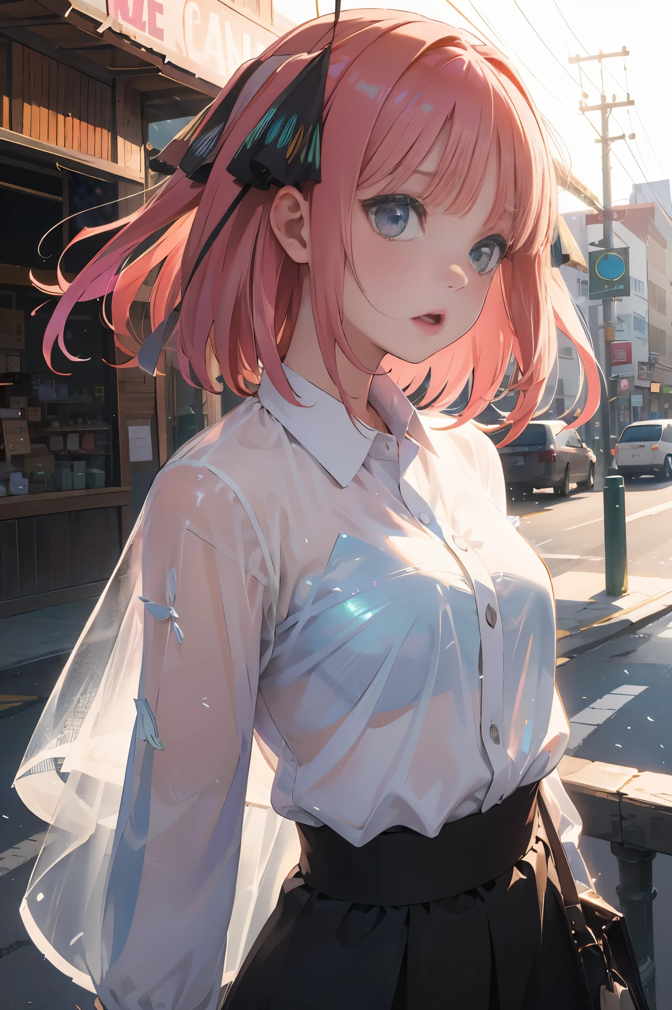 Official art, Unity 8k Wallpapers, ultra-detailliert, Beautifully Aesthetic, masterpiece, top-quality, realisitic, a closeup, Skindentation, interface, A detailed eye, A detailed face, detailed hairs, black backgrounds, straight-on, looking at the viewers, The sheen, Anime, highly detailed with reflections transparent iridescent opaque jacket, Long transparent iridescent RGB hair, 1girl in, Solo, fronds, Long hair, Blurry, Shirt, Parted lips, Outdoors, Floating hair, Long sleeves, White shirt, Bangs, Upper body, Open mouth, tusk, Brown eyes, Wind, Winters,Yuki,snowscape,Blurry background, day, depth of fields, bug,The Bride of Fifths,Jino Nakano,A pink-haired,short-hair,バレンタインチョコを持っている