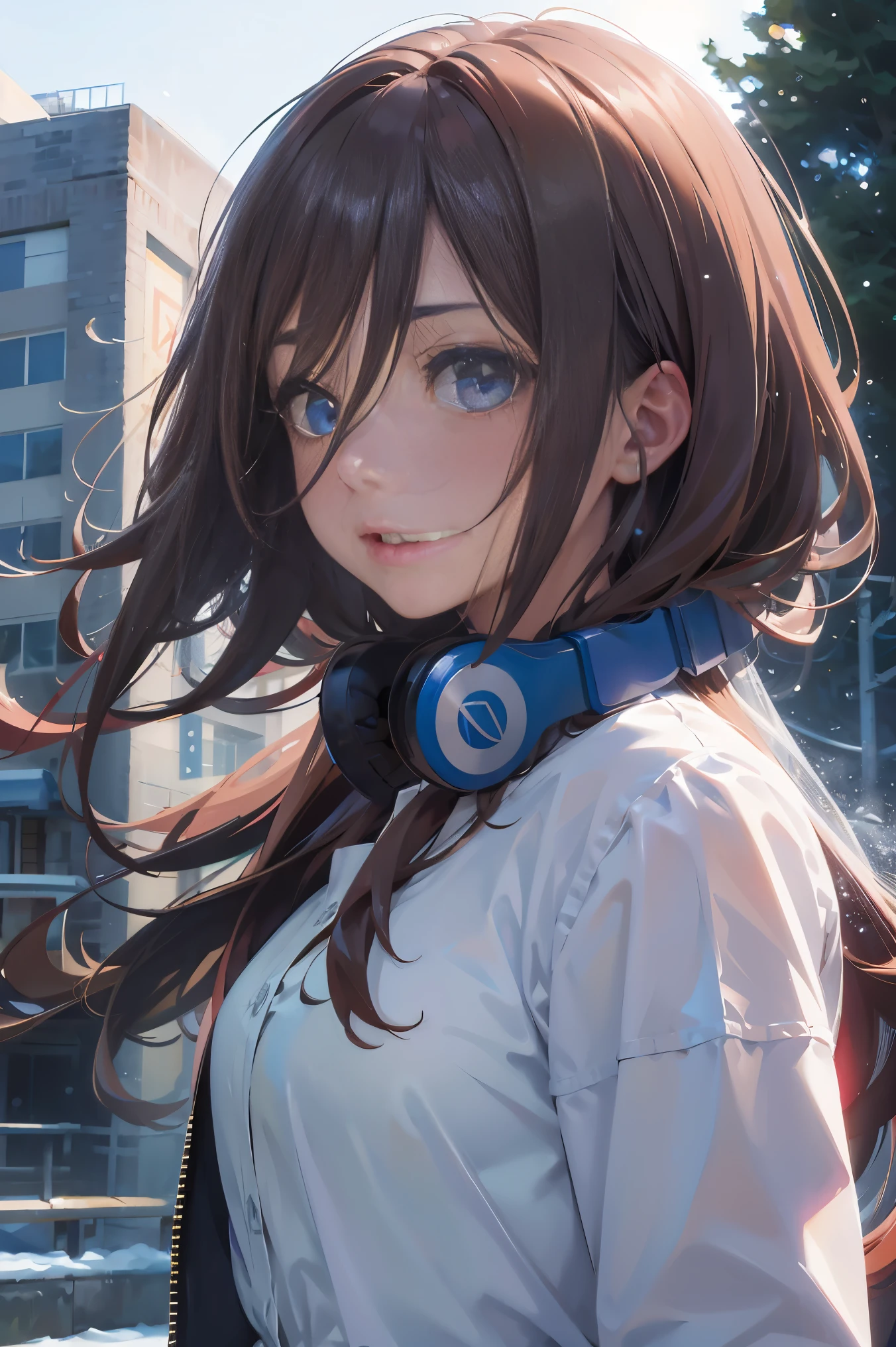 Official art, Unity 8k Wallpapers, ultra-detailliert, Beautifully Aesthetic, masterpiece, top-quality, realisitic, a closeup, Skindentation, interface, A detailed eye, A detailed face, detailed hairs, black backgrounds, straight-on, looking at the viewers, The sheen, Anime, looking at viewer with a cigarette in her mouth, highly detailed with reflections transparent iridescent opaque jacket, Long transparent iridescent RGB hair, 1girl in, Solo, fronds, Long hair, Blurry, Shirt, Parted lips, Outdoors, Floating hair, Long sleeves, White shirt, Bangs, Upper body, Open mouth, tusk, Brown eyes, Wind, Winters,Yuki,snowscape,Blurry background, day, depth of fields, bug,The Bride of Fifths,Miku Nakano,Blue headset around the neck,Sparkling eyes,Eyes like a galaxy,バレンタインチョコを持っている