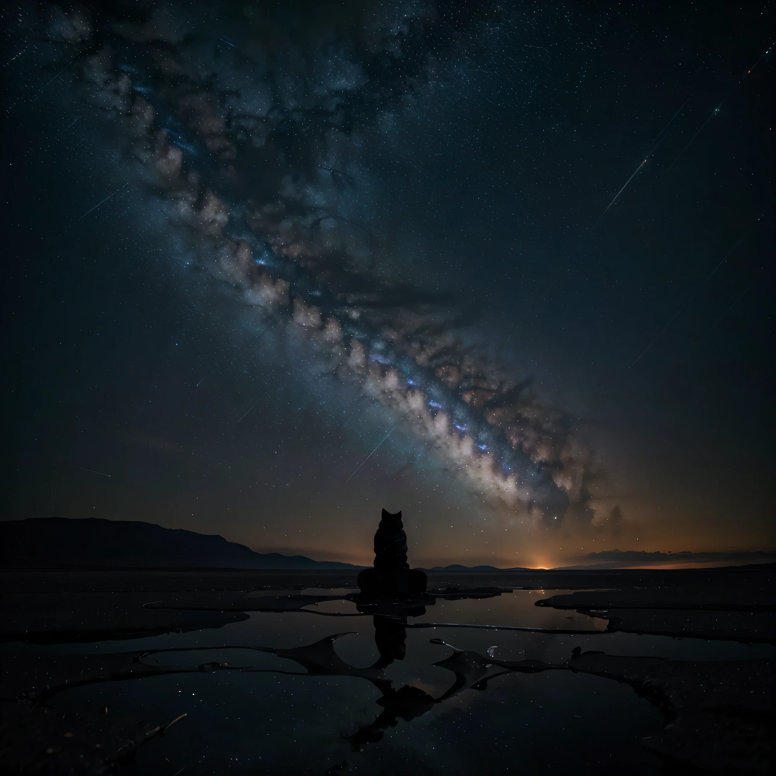 this beautiful image、Capturing the quiet and mysterious night scene of Salar de Uyuni。. 星空に映えるmilky way galaxy, under the starlight、reflected in the calm water surface.
Silhouette person:
There is a cat sitting in silhouette on the background of the sky, Add a sense of scale and awe to your scene.
milky way galaxy:
Galaxy spreading diagonally in the image. Countless stars and celestial objects illuminating the night sky.
reflection:
Stars and galaxies are beautifully reflected on the water surface, Amplify the visual impact of celestial objects.
horizon:
A subliminal sunrise or sunset can be seen on the horizon, Warm colors contrasting with the cold tones of the night sky.
This beautiful scenery will heal your heart、impress me.