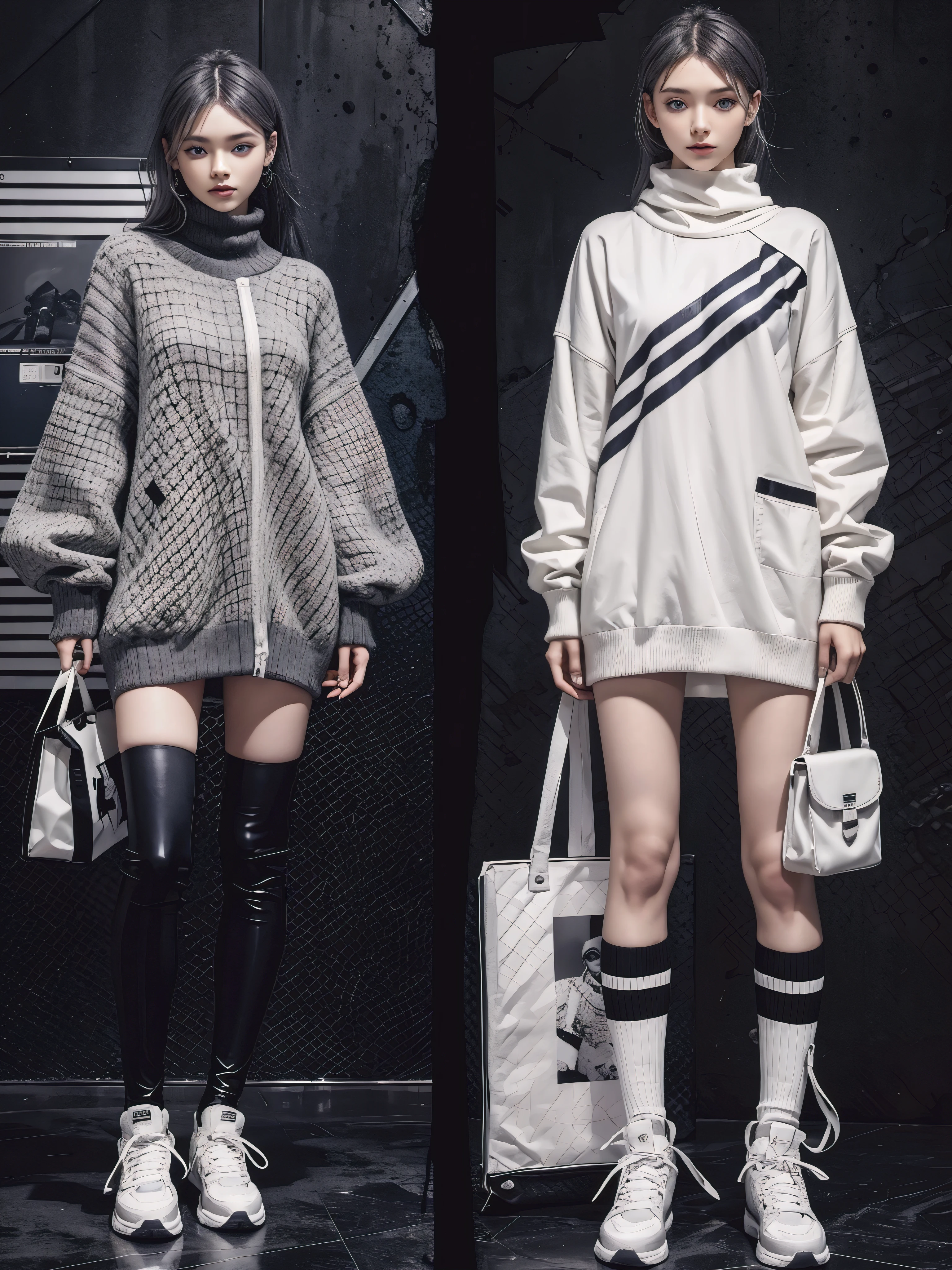fashion brand collection, (fashion catalogue, grid design, perfect catalogue design, perfect Split view:1.6), (multiple wear catalogue:1.6), highly detailed, beautiful, masterpiece, best quality, Geometric style, abstract beauty,(2 girl:1.4), 4 wear, (all body shot, standing and posing:1.3), dynamic pose, approaching perfection, digital painting, artstation, (concept art:1.3), illustration, white and black colors, Geometric patterns, abstract forms, Complex, surreal, Artistic complicated background, BREAK latex, Glossy, Liquid, rubber, BREAK (casual fashion and Cyber taste fashion), (black theme:1.4), baggy and baggy wear, baggy Waist line and baggy sleeve, baggy knit A-line dress, Scattered geometry, (long length muffler), BREAK (Socks with zettai ryouiki), boots taste Sneaker, (gray hair, blue eyes:1.4),