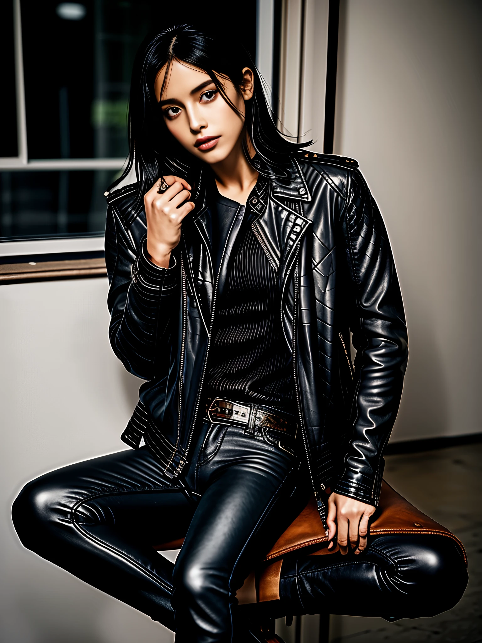 (Leather_jacket:1.4),(Black_skinny_jeans:1.3),(Ankle_boots:1.2),