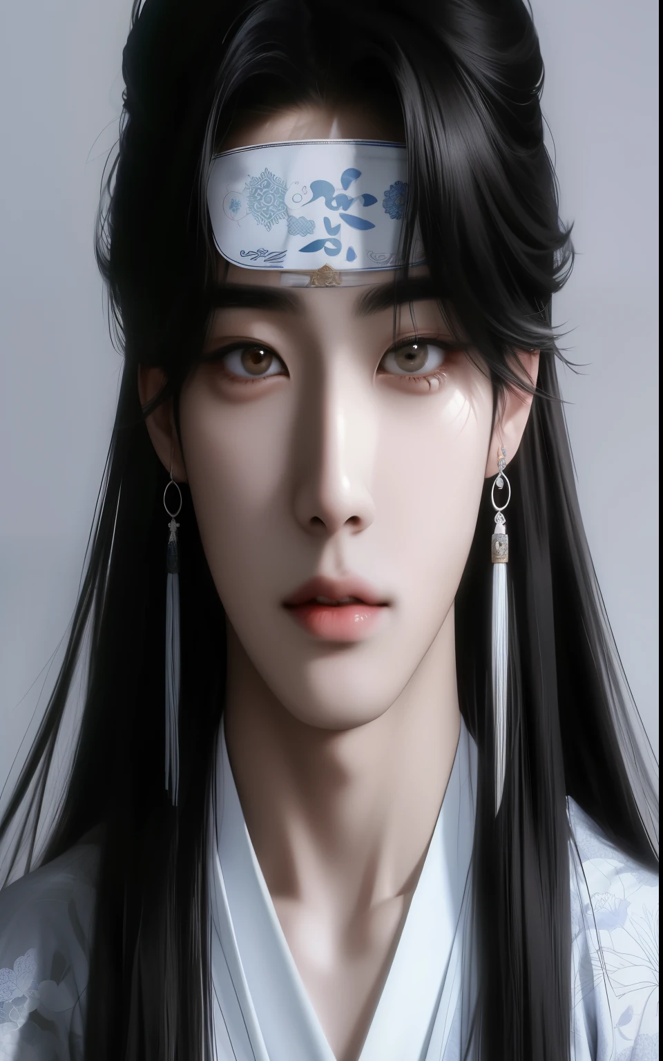 um close de uma mulher com cabelos longos e um vestido branco, cute japanese demon boy, lindo deus masculino da morte, por Yang J, handsome androgynous prince, korean symmetrical face, o olhar penetrante de Yuki Onna, inspirado em Zhang Han, inspirado em Wu Bin, Cai Xukun, Realista. Cheng Yi, inspirado em Zhu Derun, cute boy, korean boy, kpop boy, face kpop, japan boy