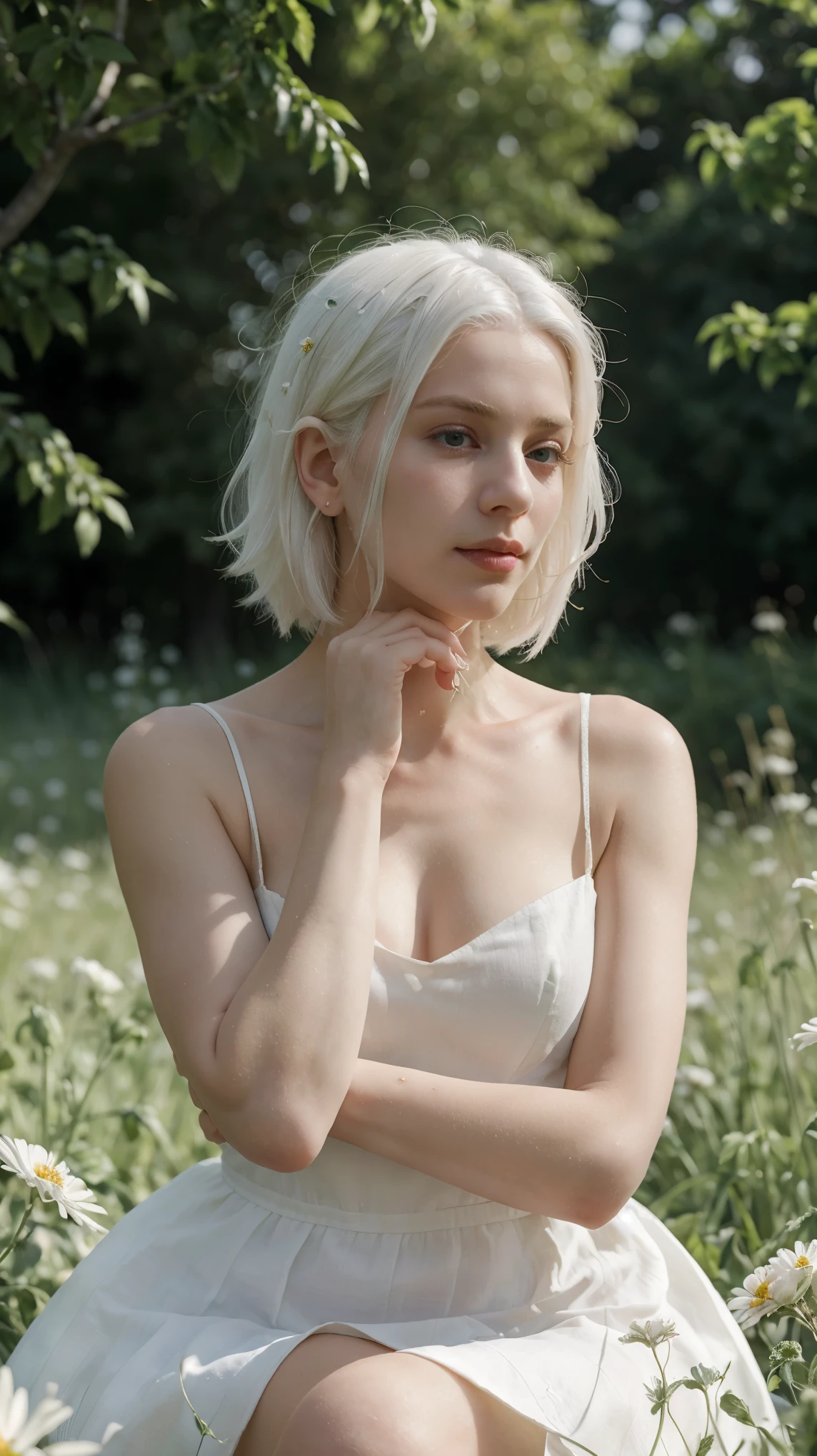 (masterpiece, best quality),1 girl with white hair sitting in a field of green plants and flowers, She put her hand under her chin, warm light, white dress, Blurred foreground