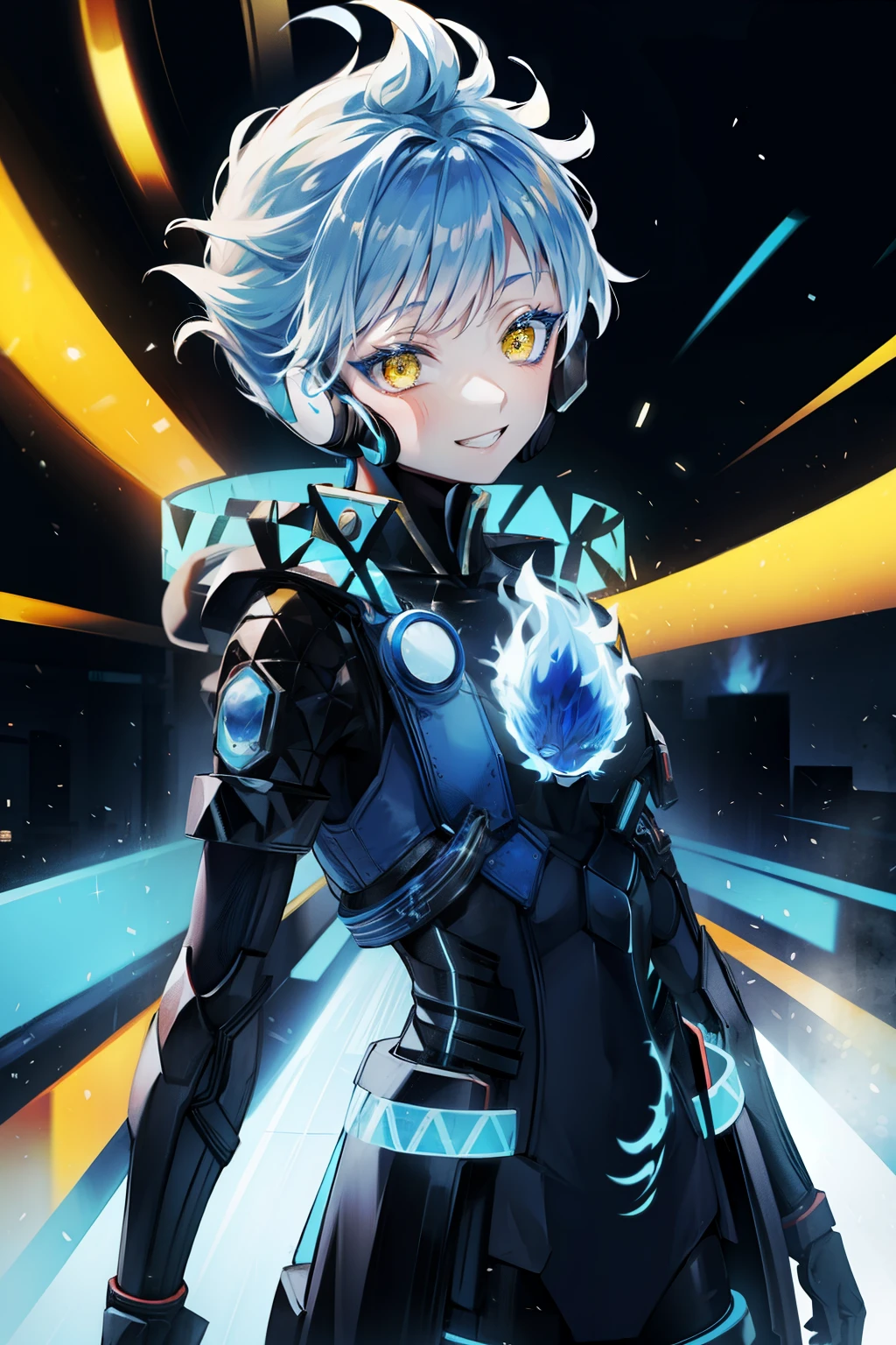 blue fiery hair、short hair、male、1 humanoid、yellow eyes、around blue flames、computer background、smile、High resolution、super detailed