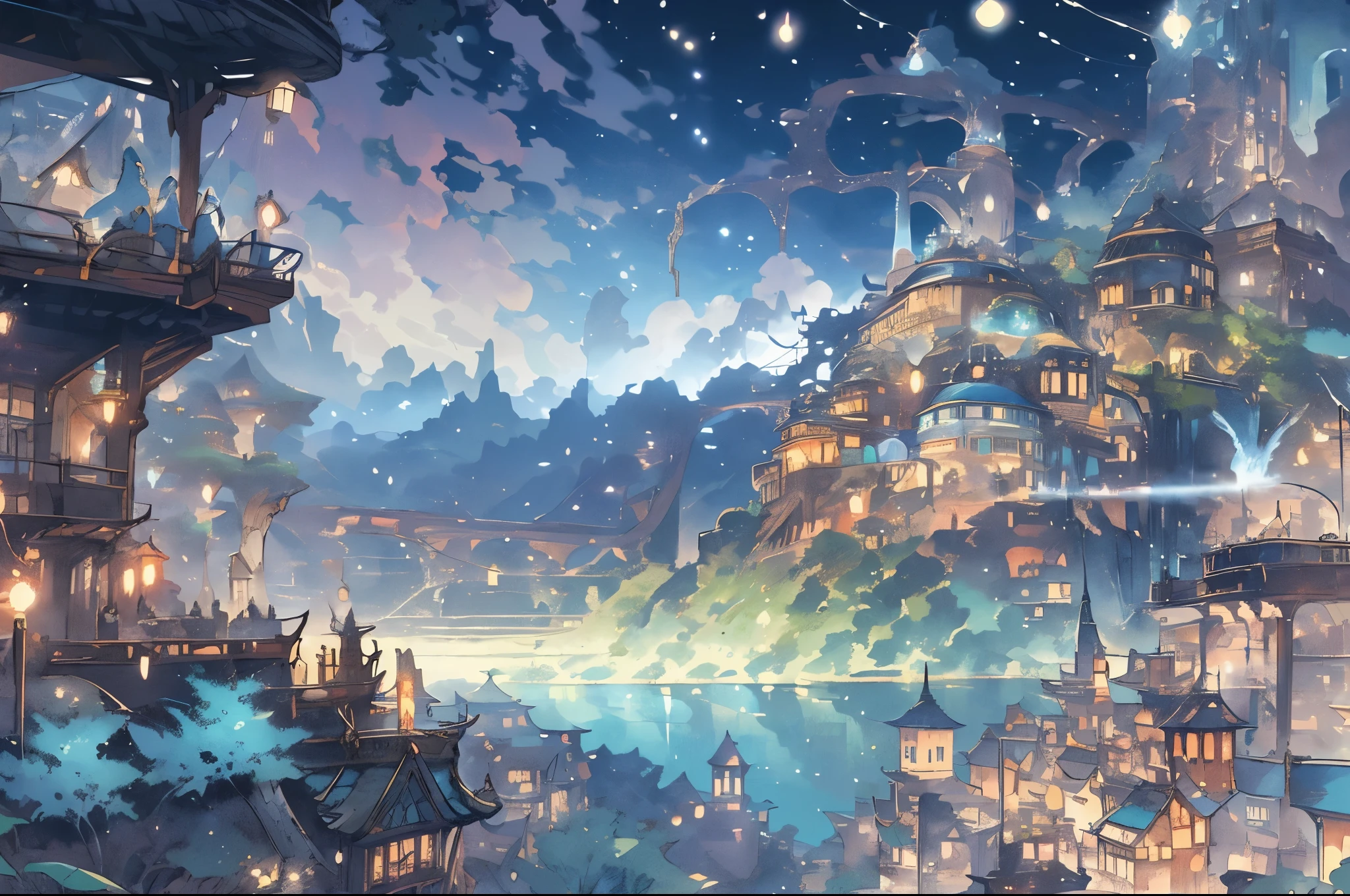 new Hayao Miyazaki, Bright colors, Beautiful and detailed characters, Whimsical landscapes, great atmosphere, gentle soft lighting, Ethereal music, Fantastic creatures, intricate details, hand drawn illustration, complicated pattern, A fascinating storyline, fantasy elements, vast scenery, light wind, Delicate cherry, flowing river, towering mountain々, Peaceful village, mysterious forest