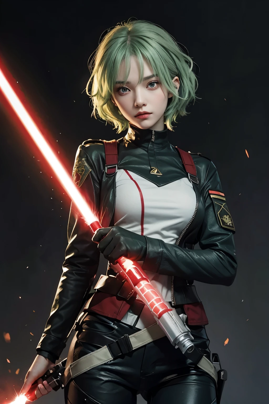 A beautiful woman. Seventeen. Light green hair. She is wearing a combat uniform that is based on red. He holds a light saber in one hand. He has a serious expression on his face.