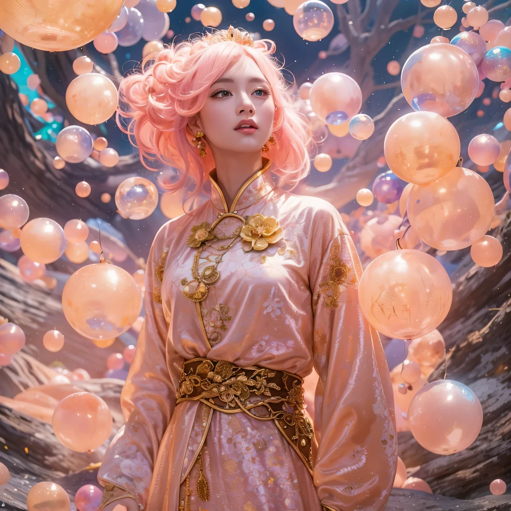 Peach Velvet Series,Peach-colored flull颜色,enamel,agate,A flesh-colored world,Blood Blue Maiden 32k(masterpiece,HD,Aoyama Pond,Ultra high quality,32k)Bright pink long flowing hair,blood pool,Ziddink, a color,Grumpy (After greeting), (Linen scarf), fighting stance, looking at the ground, light pink long hair, Floating bright blue, Fire cloud gold headdress, Chinese long-sleeved gold silk burgundy garment, (Abstract metaverse splash:1.2), White background,Peony flower vitality protector(realistically:1.4),Peach-colored flull,Smoke on the road,The background is very pure, high resolution, detail, RAW photos, Sharp Re, Nikon D850 film photo by Jefferies Lee 4 Kodak Portra 400 camera F1.6 guns, colorful, Ultra-realistic and vivid textures, dramatic lighting, Unreal Engine Art Station Trend, Sinest 800,Long flowing girl peach hair,Huge colorful bubbles light pink