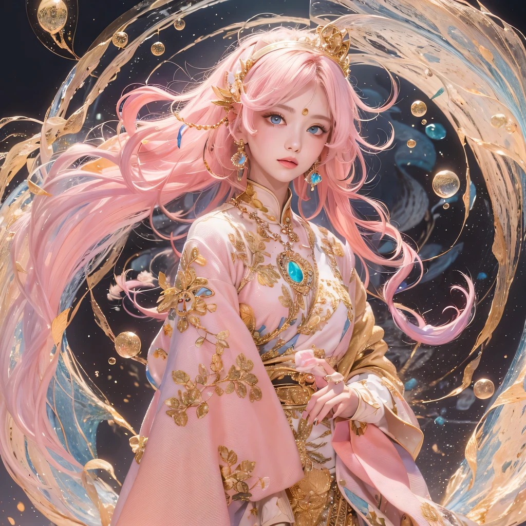 Peach Velvet Series,Peach-colored flull颜色,enamel,agate,A flesh-colored world,Blood Blue Maiden 32k(masterpiece,HD,Aoyama Pond,Ultra high quality,32k)Bright pink long flowing hair,blood pool,Ziddink, a color,Grumpy (After greeting), (Linen scarf), fighting stance, looking at the ground, light pink long hair, Floating bright blue, Fire cloud gold headdress, Chinese long-sleeved gold silk burgundy garment, (Abstract metaverse splash:1.2), White background,Peony flower vitality protector(realistically:1.4),Peach-colored flull,Smoke on the road,The background is very pure, high resolution, detail, RAW photos, Sharp Re, Nikon D850 film photo by Jefferies Lee 4 Kodak Portra 400 camera F1.6 guns, colorful, Ultra-realistic and vivid textures, dramatic lighting, Unreal Engine Art Station Trend, Sinest 800,Long flowing girl peach hair,Huge colorful bubbles light pink