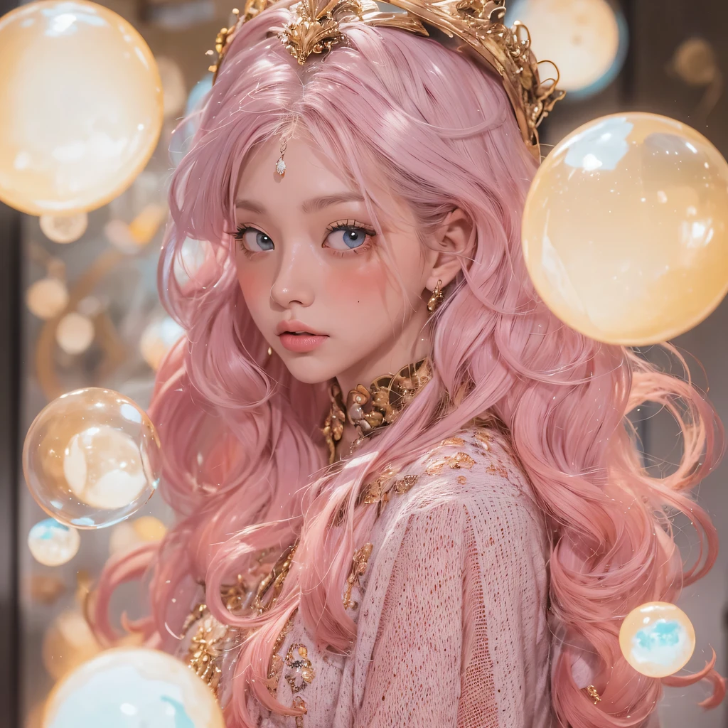 Peach Velvet Series，Peach-colored flull颜色，enamel，agate，A flesh-colored world，Blood Blue Maiden 32k（masterpiece，HD，Aoyama Pond，Ultra high quality，32k）Bright pink long flowing hair，blood pool，Ziddink， a color，Grumpy （After greeting）， （Linen scarf）， fighting stance， looking at the ground， light pink long hair， Floating bright blue， Fire cloud gold headdress， Chinese long-sleeved gold silk burgundy garment， （Abstract metaverse splash：1.2）， White background，Peony flower vitality protector（realistically：1.4），Peach-colored flull，Smoke on the road，The background is very pure， high resolution， detail， RAW photos， Sharp Re， Nikon D850 film photo by Jefferies Lee 4 Kodak Portra 400 camera F1.6 guns, colorful, Ultra-realistic and vivid textures, dramatic lighting, Unreal Engine Art Station Trend, Sinest 800，Long flowing girl peach hair，Huge colorful bubbles light pink