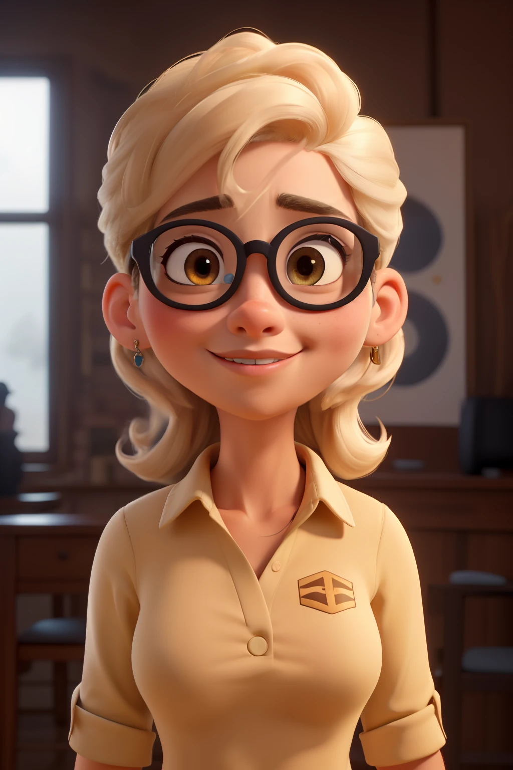 ((melhor qualidade)), ((obra de arte)), (detalhado), rosto perfeito, mulher, idade 50 anos, cabelos loiros, olhos castanhos, oculos redondo, uniforme de postode combustivel