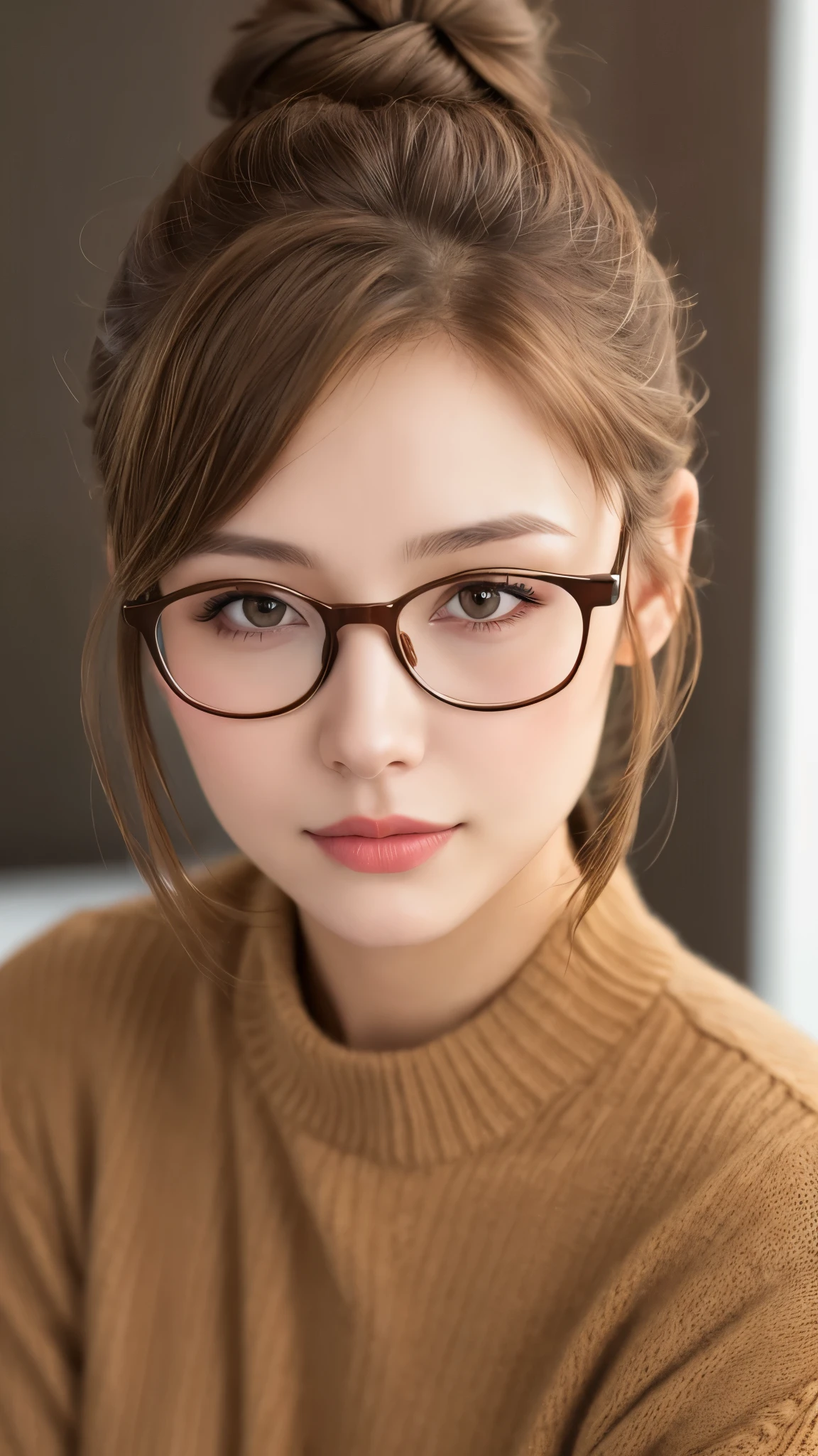 1girl, glasses, light brown hair, hair bun, best quality, 35mm lens, f/1.8, perfect skin, realistic, (adult face:1.2), 8k, award-winning photograph,gorgeous, (portrait:0.6), Cinematic, ultra high res,